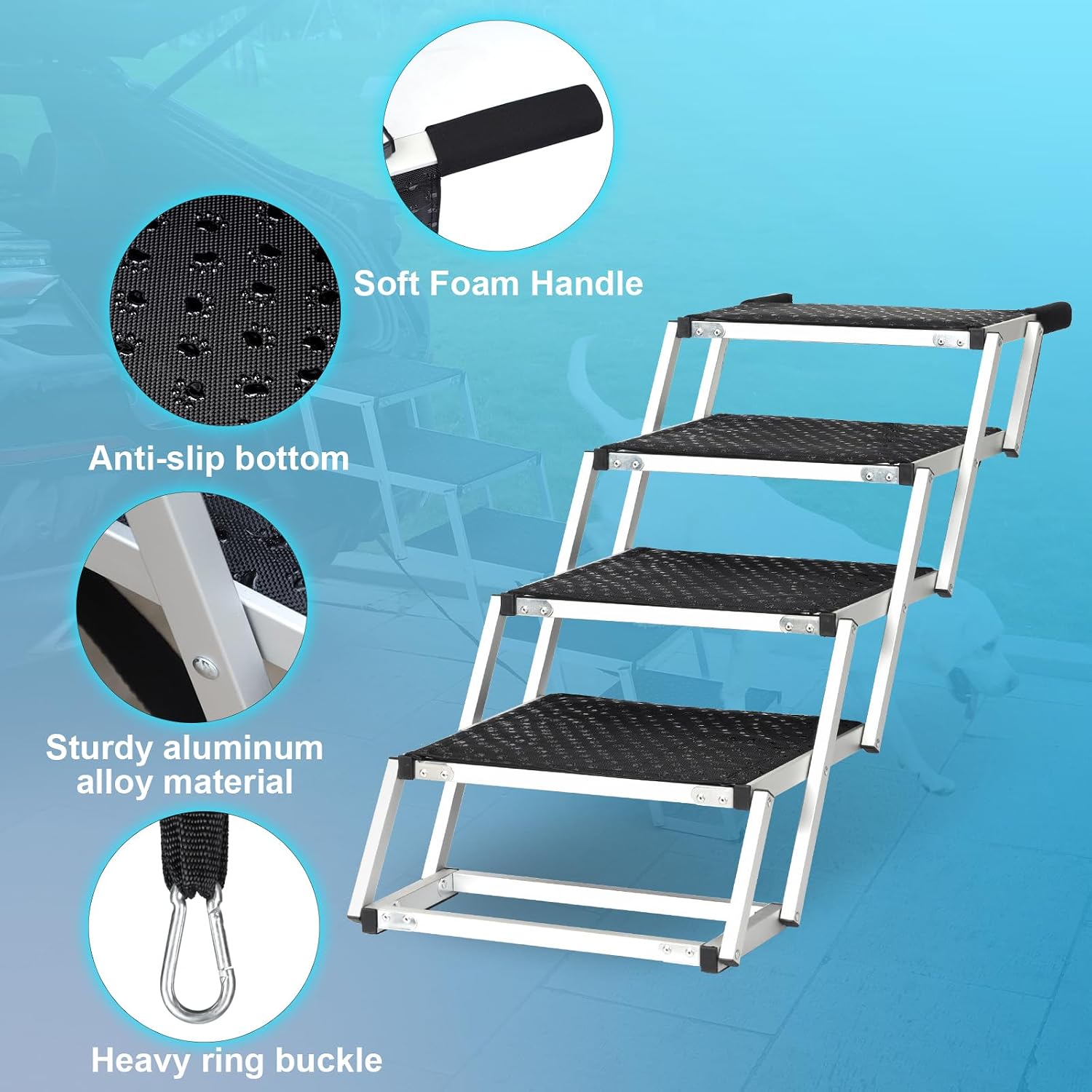 Detalle de Uross Hunderampe Auto 4 Stufen – klappbare Hundetreppe für SUV, Auto und mehr