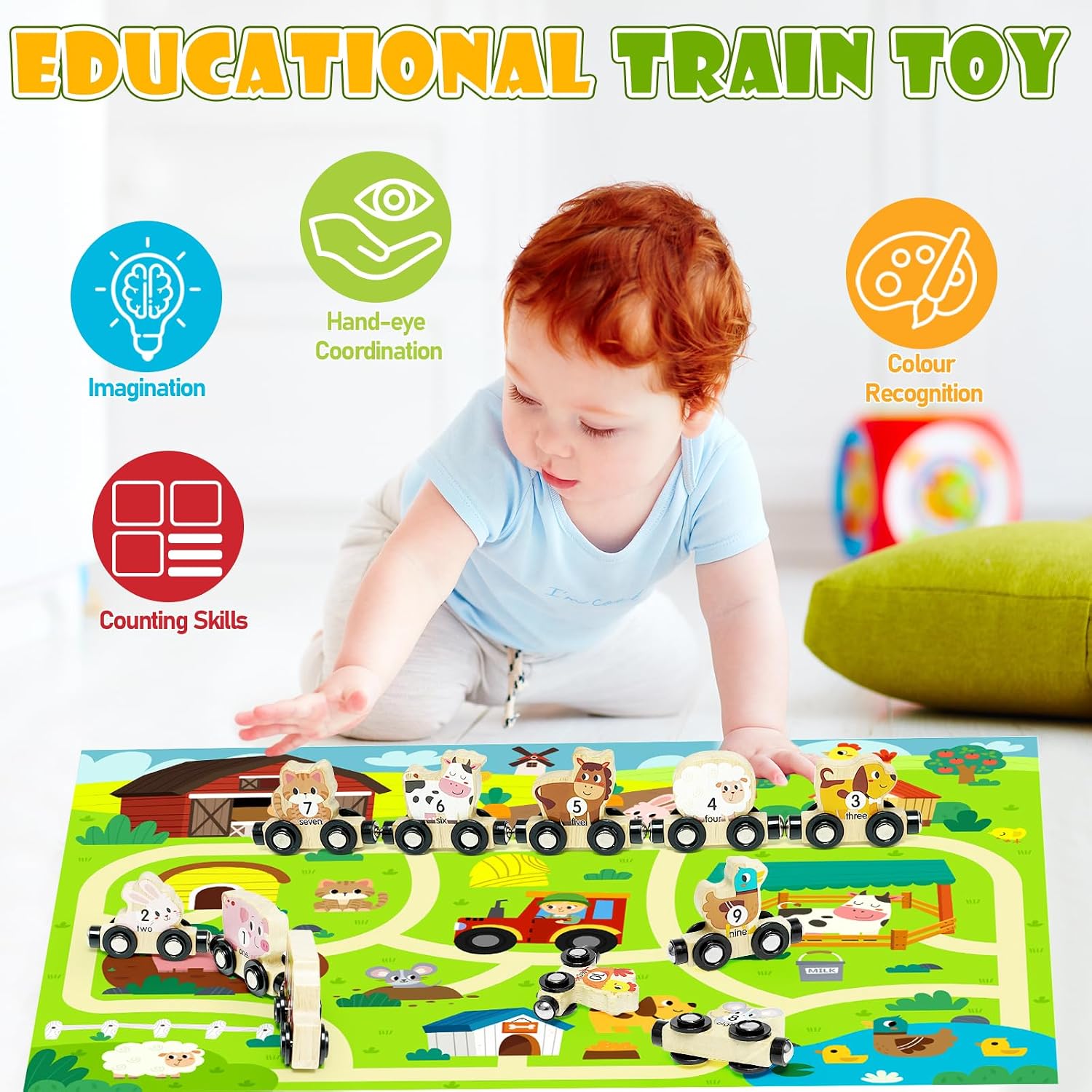 Thumbnail 1 de Toddler Wooden Train Toys: Magnetic Farm Train Set for 1–3 Year Olds