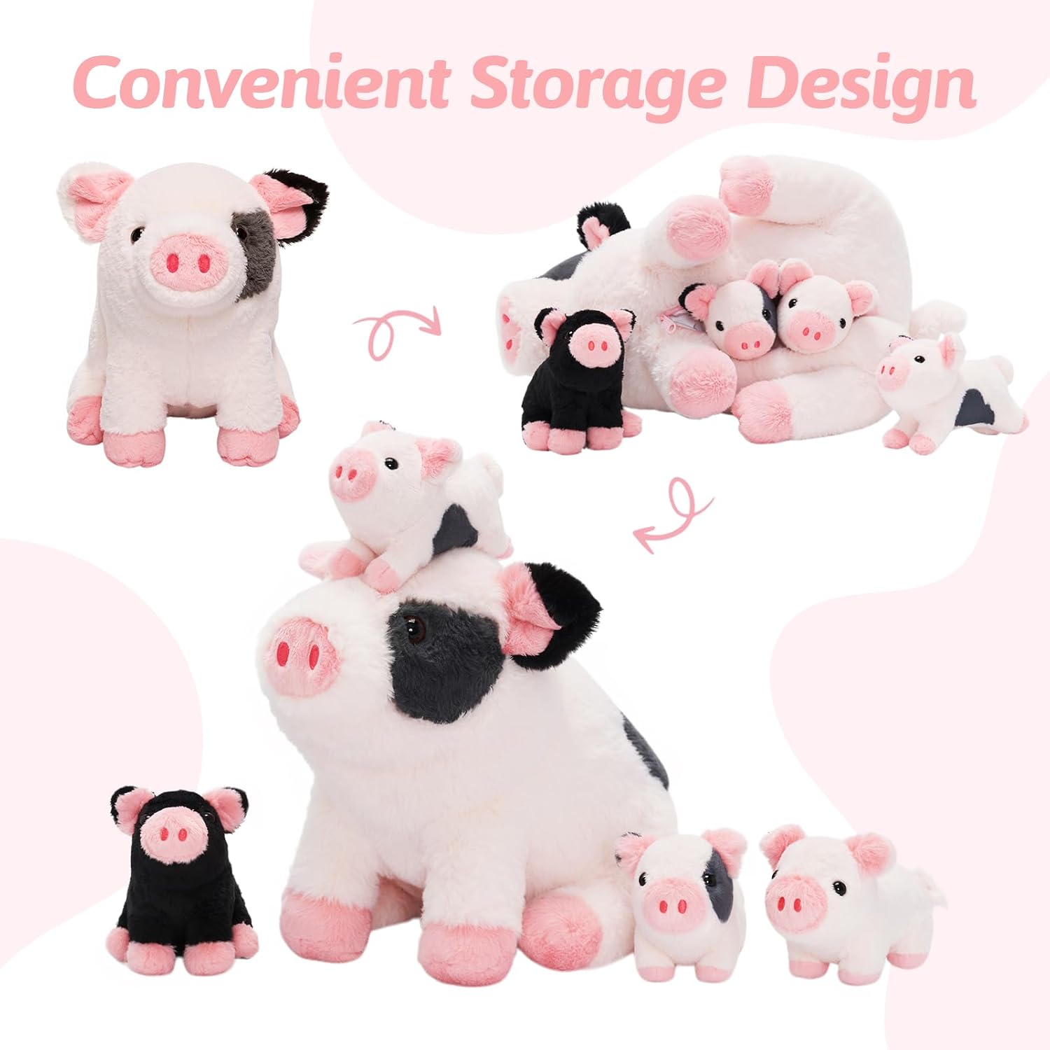 Detalle de OUOZZZ 5er Set Schwein Kuscheltier – je 23 cm, mit 4 Baby-Schweinchen im Bauch, weicher Plüsch & sicherer Begleiter
