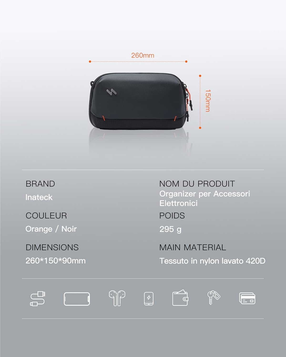 Detalle de Inateck Organisateur Pratique pour Accessoires Électroniques – Sac de Voyage Résistant aux Éclaboussures, Bandoulière Incluse