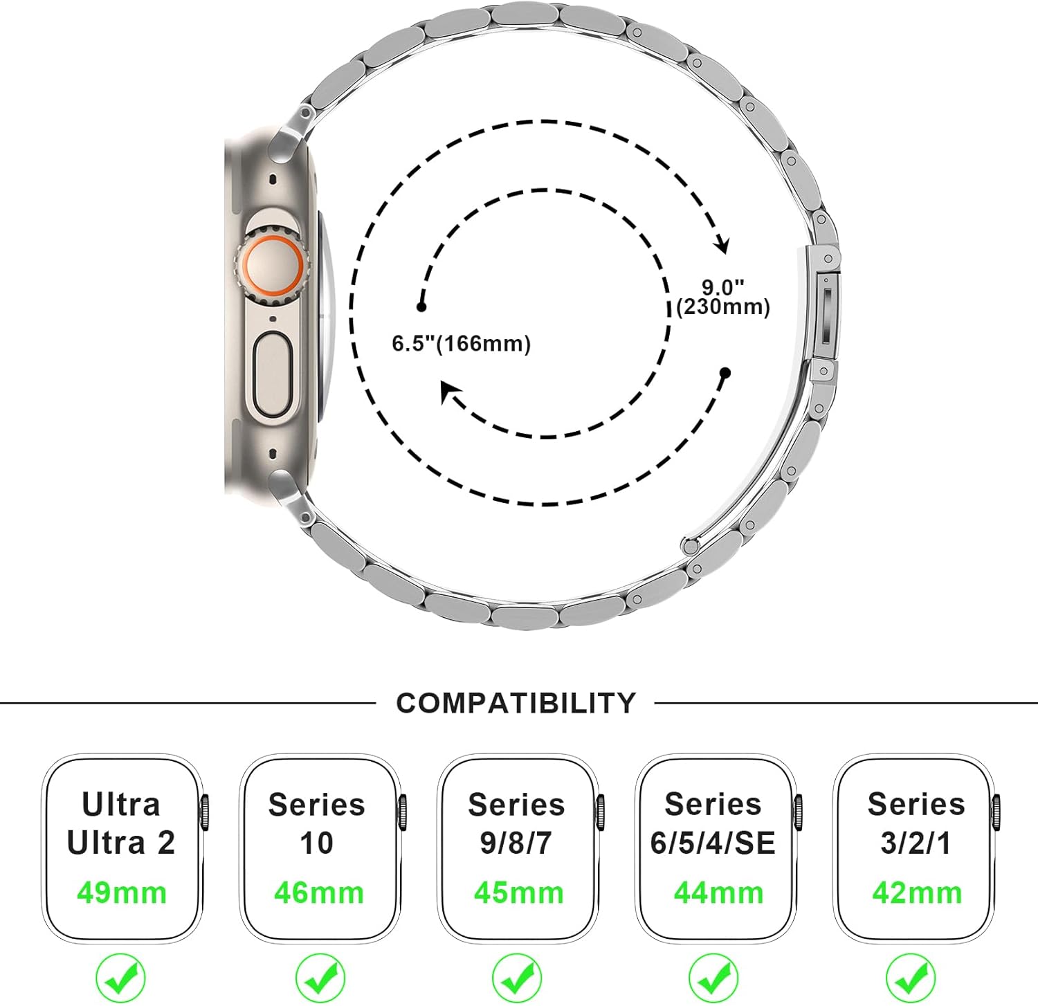 Detalle de Anlinser Metal Strap for Apple Watch Ultra/Series (49mm–42mm) – Silver, 192mm Length, Tool-free Adjustment