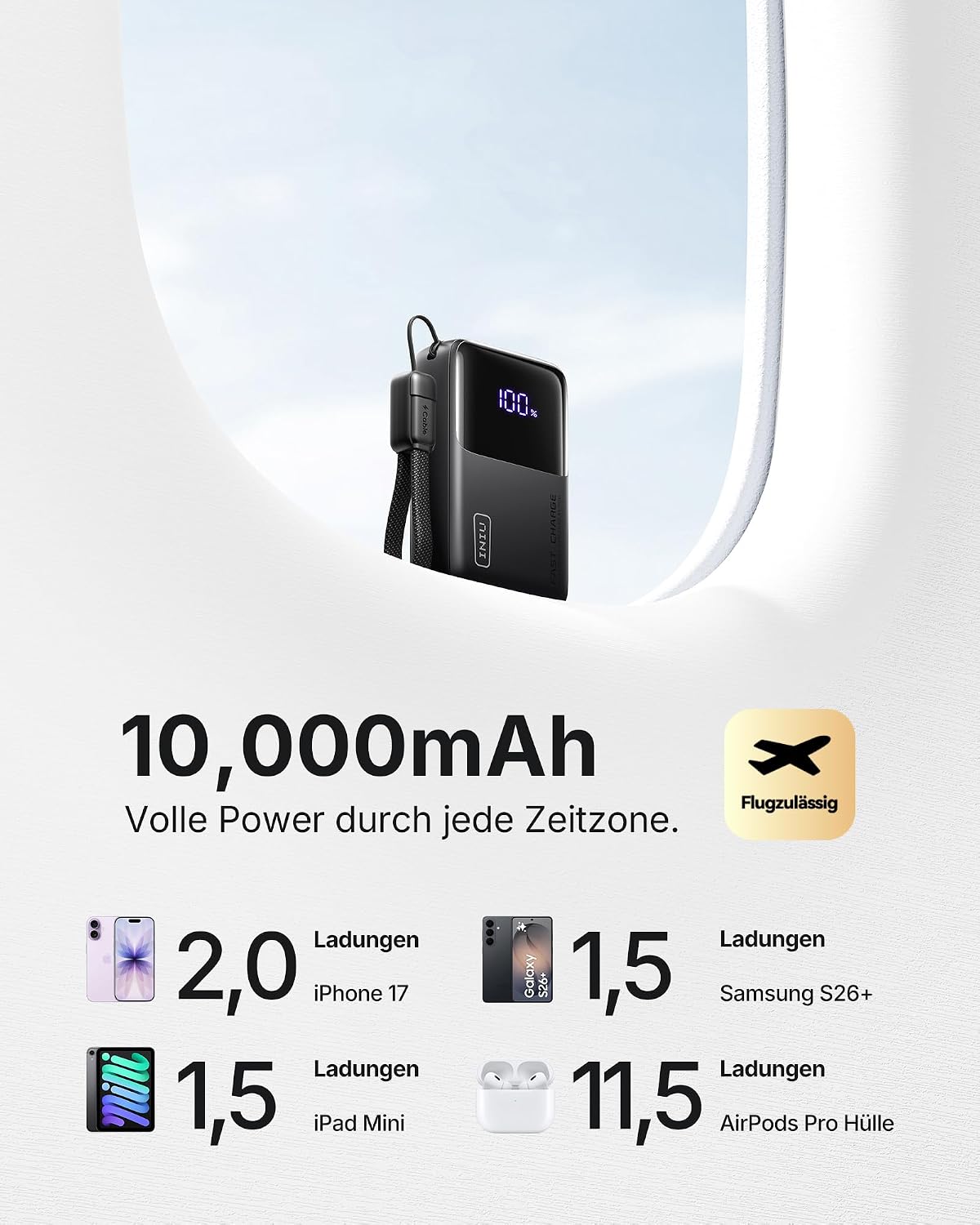 Detalle de INIU Ultra Mini Powerbank 10000mAh 45W – Kompaktes Schnellladen für Unterwegs