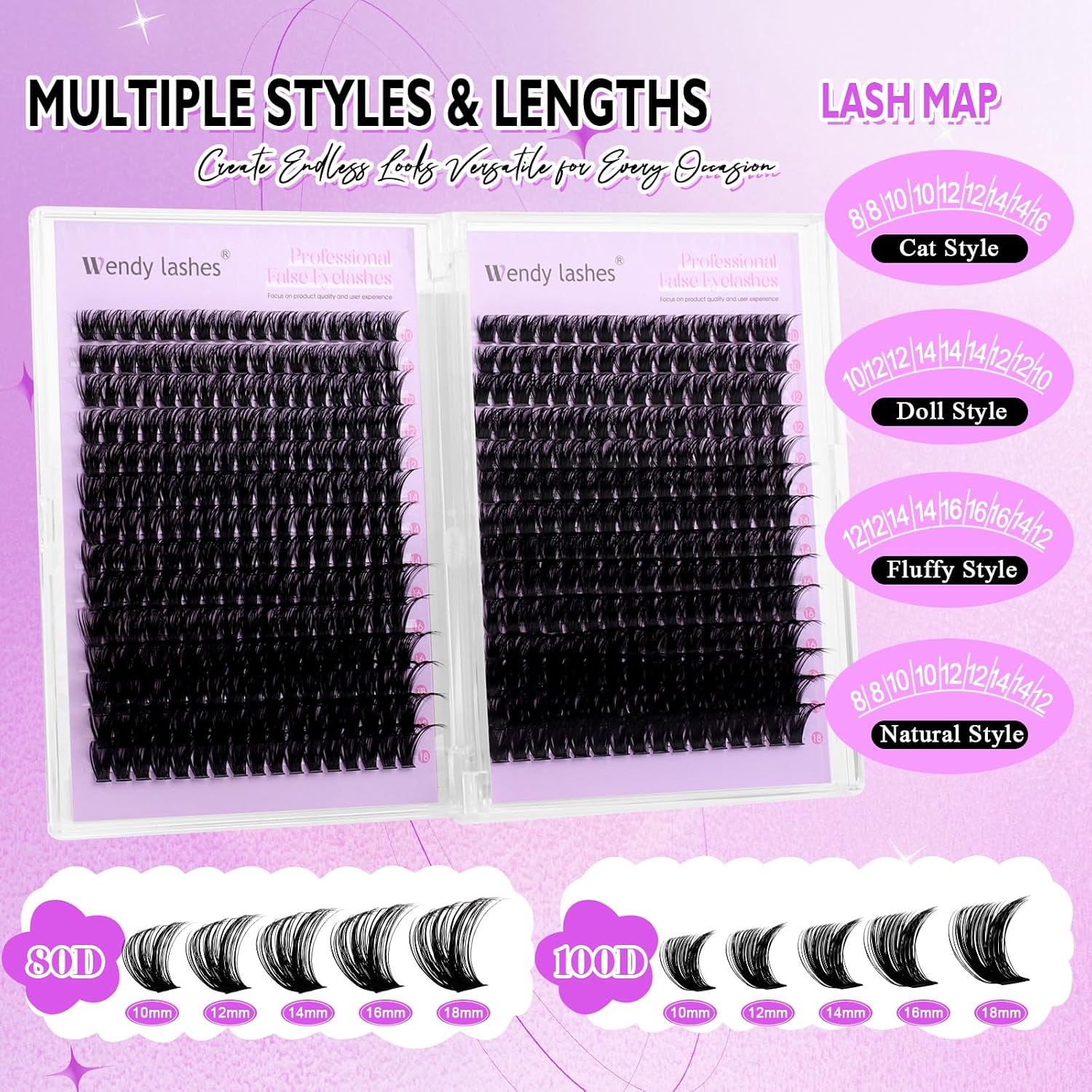 Detalle 2 de WENDY LASHES wimperclusters, 594 stuks, 80D/100D, D-krul, 10–18 mm