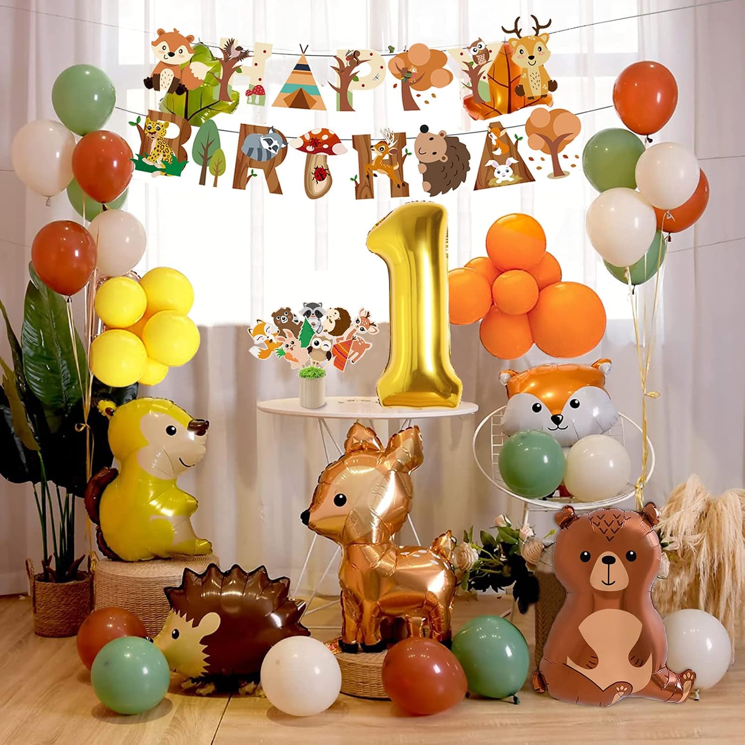 Detalle 1 de MUSELK verjaardagsdecoratieset bosdieren met 51 ballonnen en cijfer 1