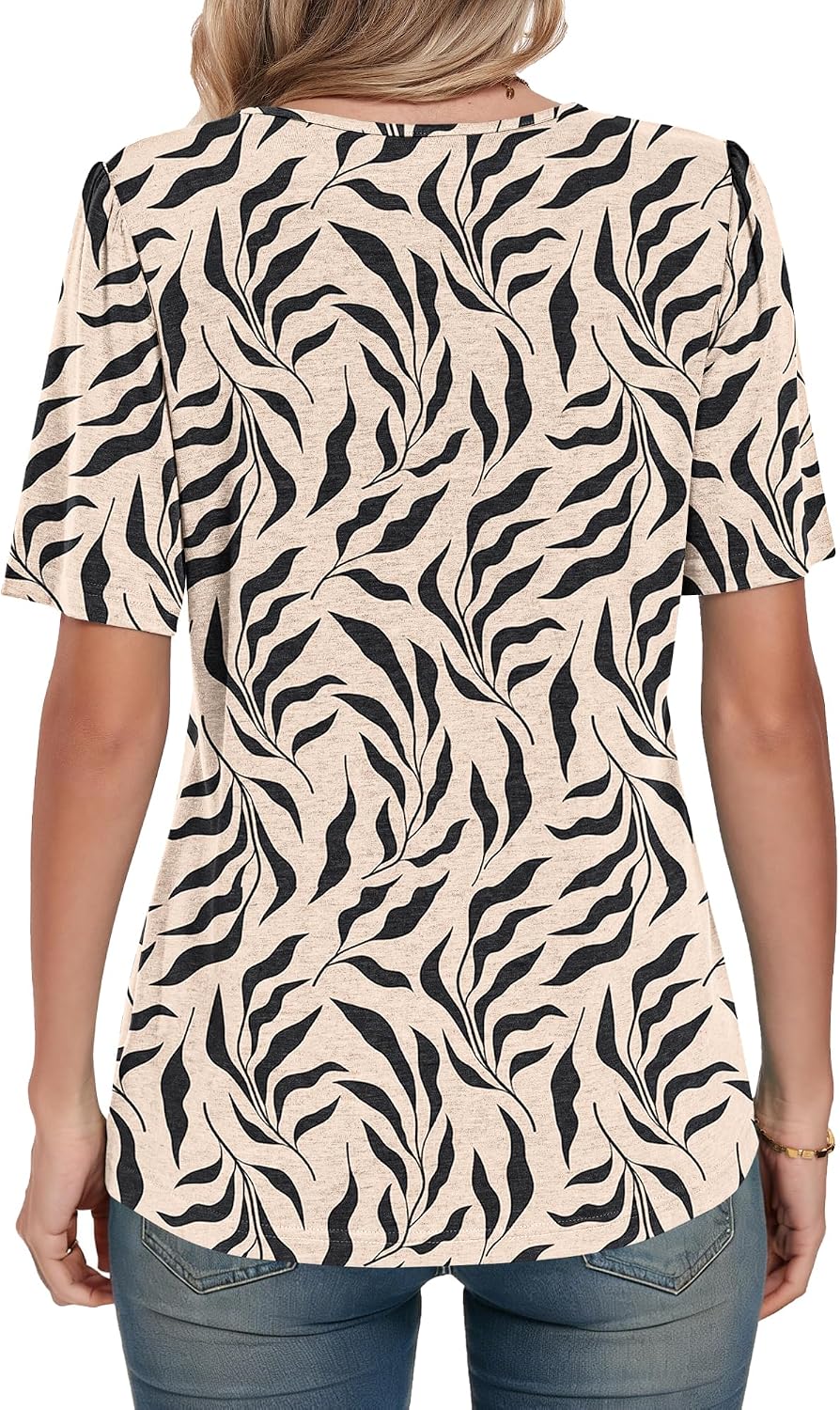 Detalle de PLMOKEN T-shirt femme col rond plissé manches courtes, haut d’été fluide