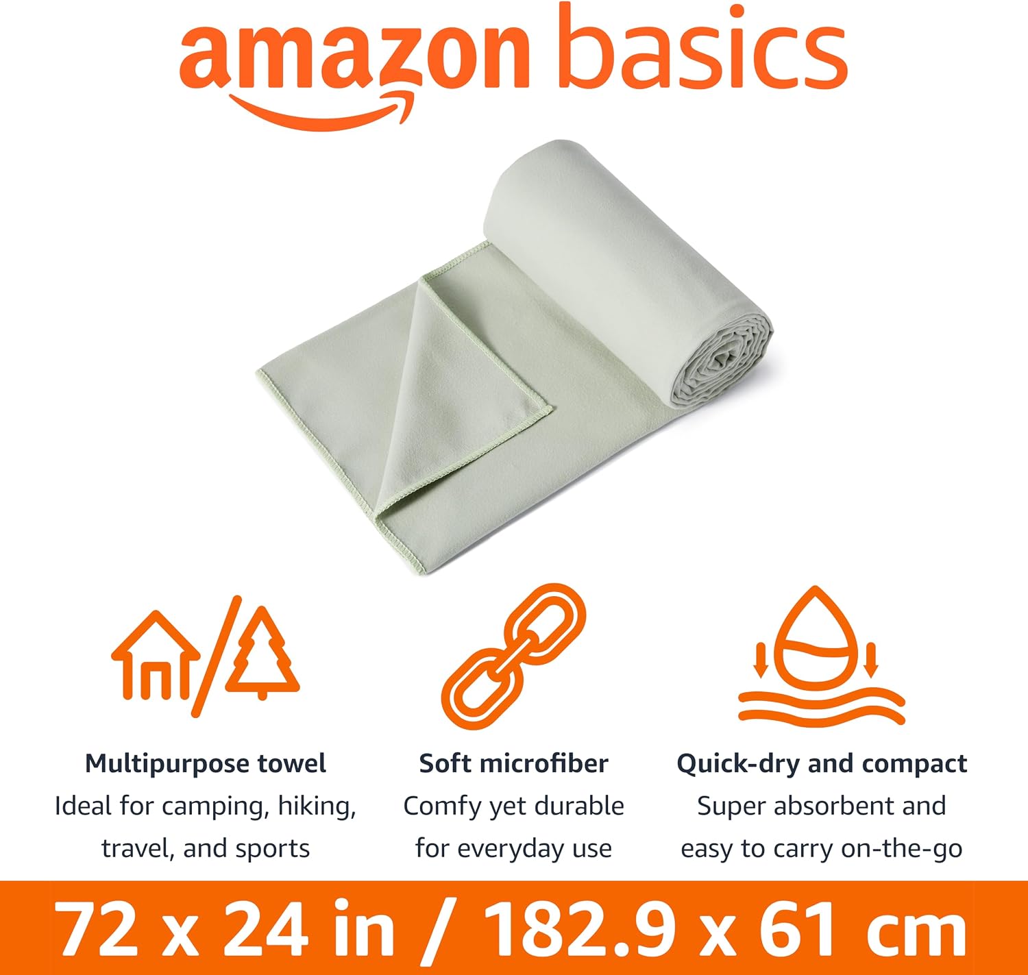 Detalle 2 de Amazon Basics Camping and Hiking Microfiber Towel, 72" x 24", Fog Green