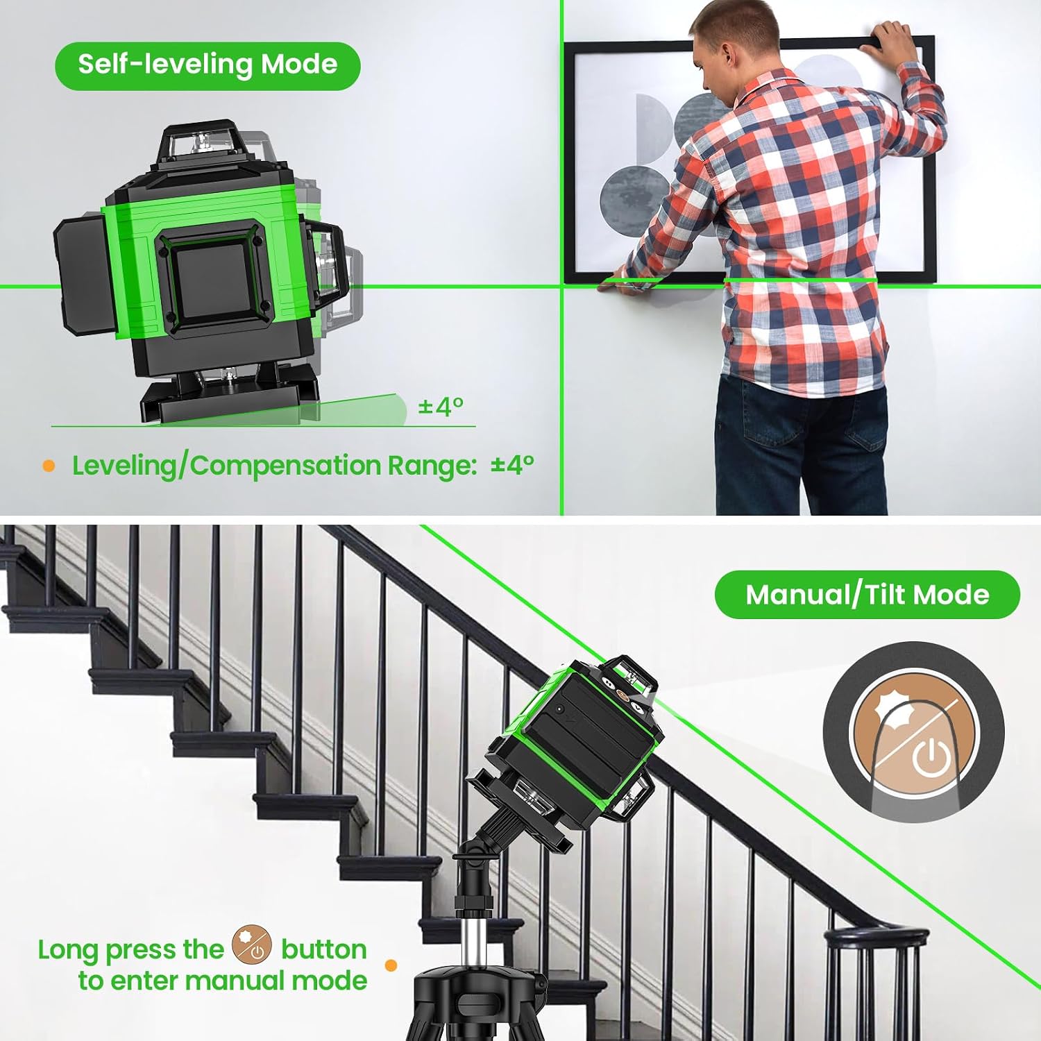 Thumbnail 1 de Laser Level Self Leveling 4D 16 Lines Green Laser Level (4 x 360°) with 2x 2400mAh Batteries, Tripod, Remote & Wall Bracket