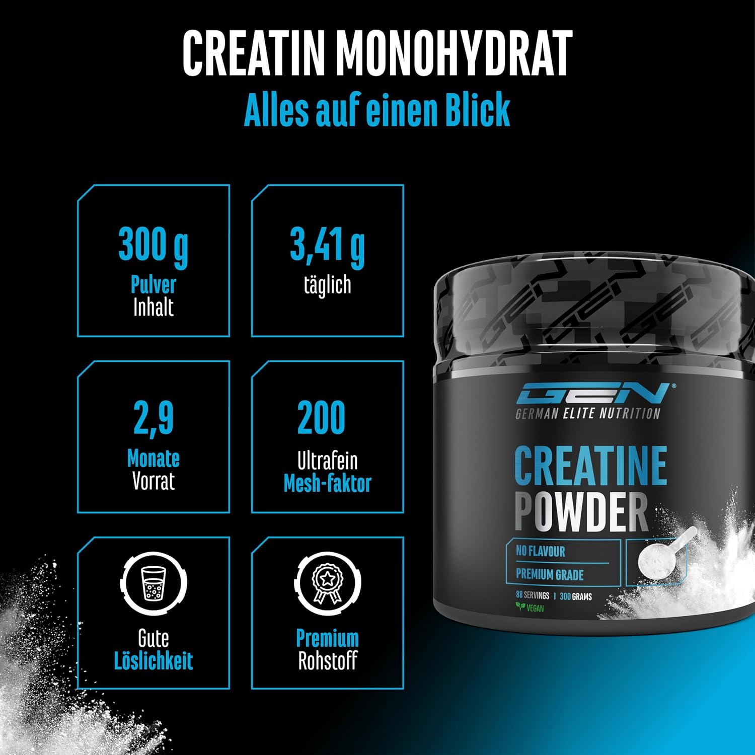 Detalle de GEN German Elite Nutrition Kreatin-Monohydrat Pulver (300 g) – vegan, mikrofein