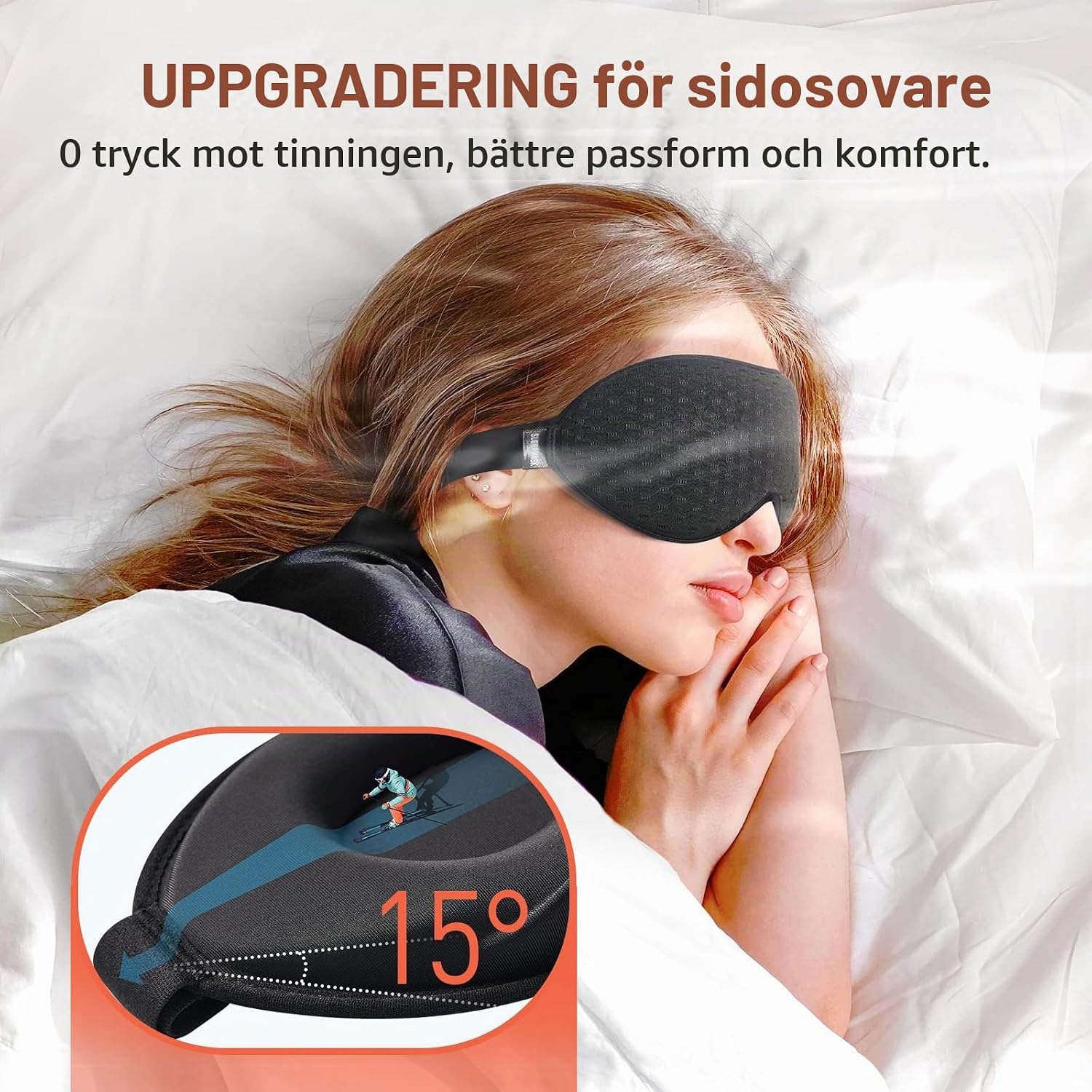 Detalle de INNELO IB04 3D-sovmask i svart med minnesskum och djupa ögonkoppar
