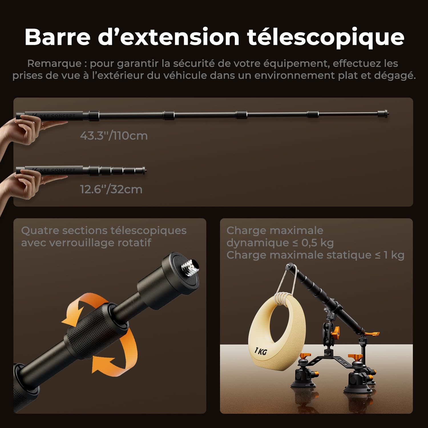 Detalle 2 de K&F CONCEPT Support caméra voiture à 3 ventouses 3" avec perche télescopique et bras magique 360°