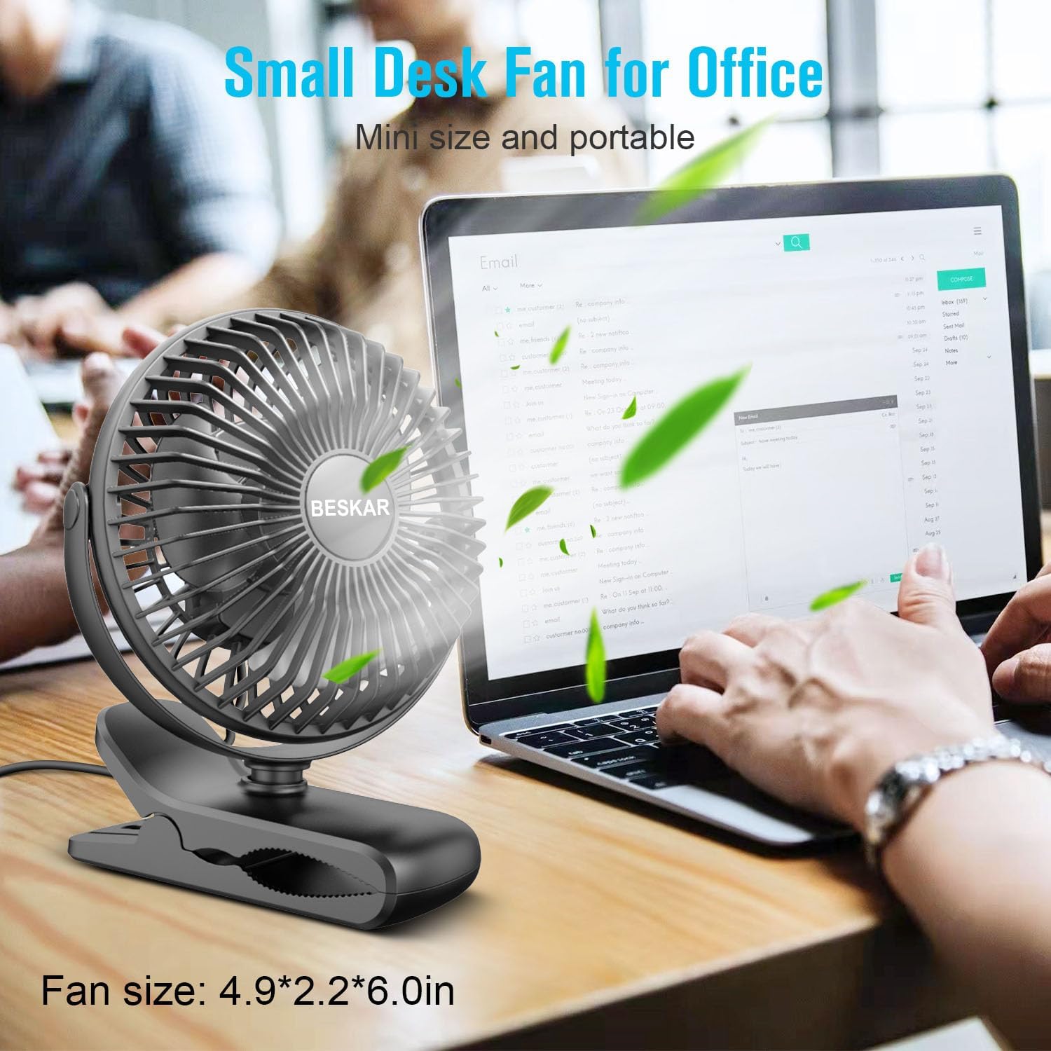 Detalle de BESKAR Small Clip on Fan: 3-Speed USB Clip & Desk Fan with Ultra-Quiet Airflow