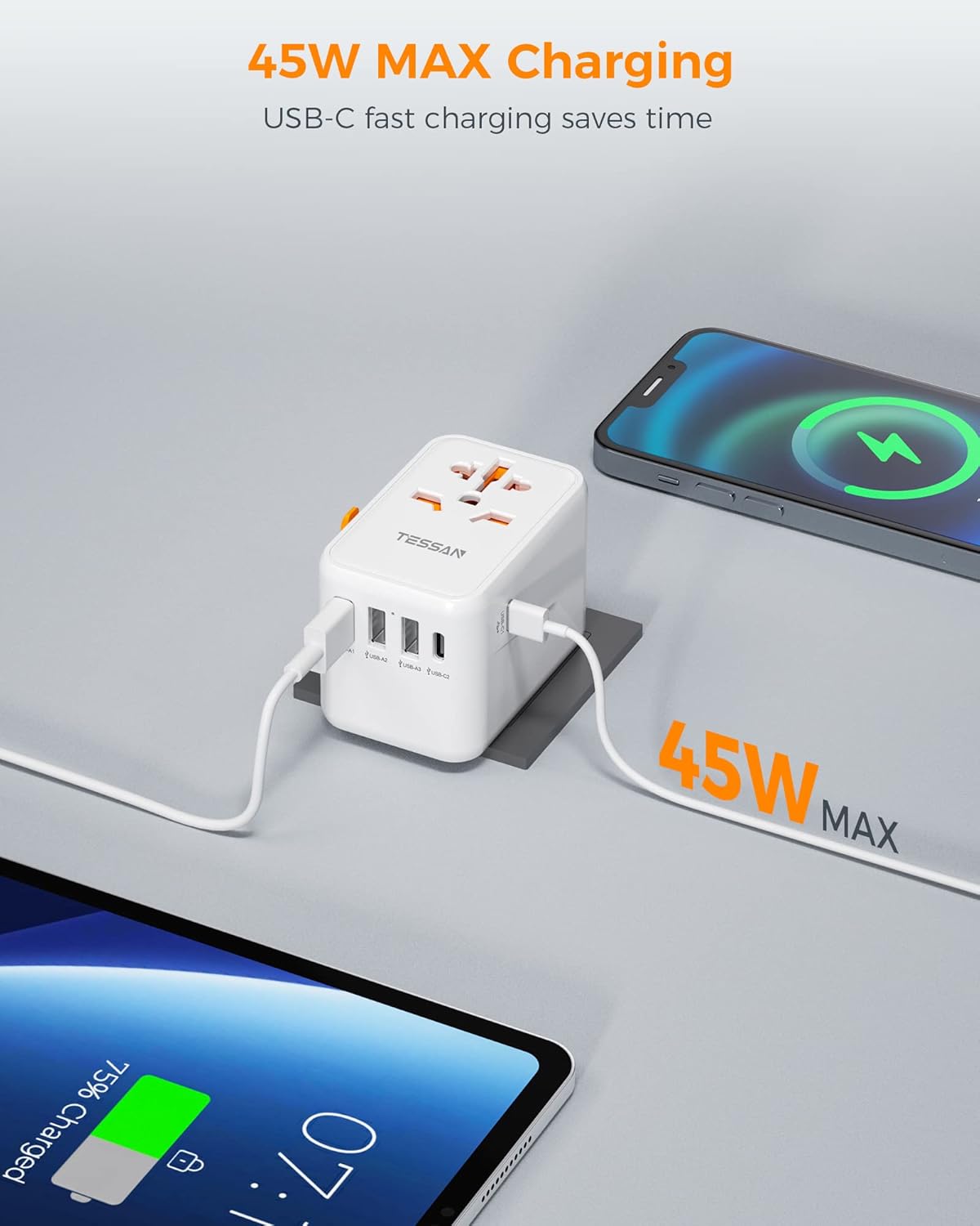 Thumbnail 3 de TESSAN Reiseadapter Weltweit PD Fast Charge – 45 W Schnellladen, 3 USB + 2 USB-C, Universal für EU/USA/UK/Australien