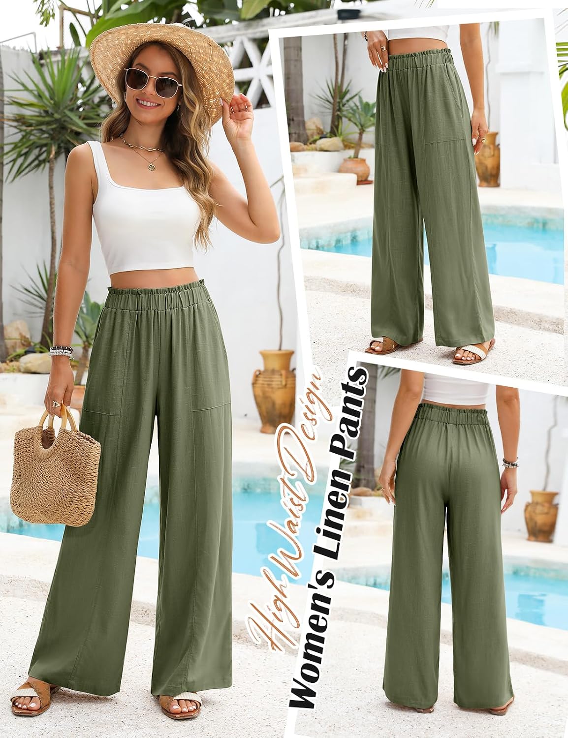 Detalle de Niwicee Pantalon fluide femme en lin et viscose, taille haute élastique, coupe droite ample avec poches (pantacourt)