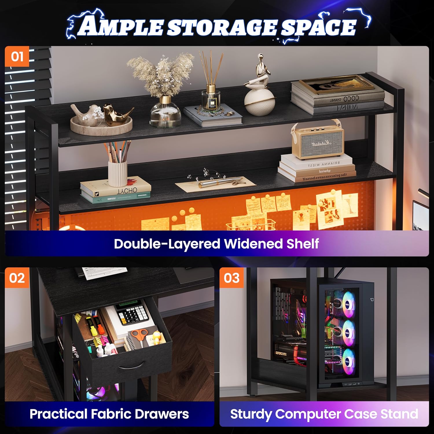 Thumbnail 5 de YOUDENOVA bureau gaming d’angle en L avec panneau perforé, étagère réversible et LED (noir)