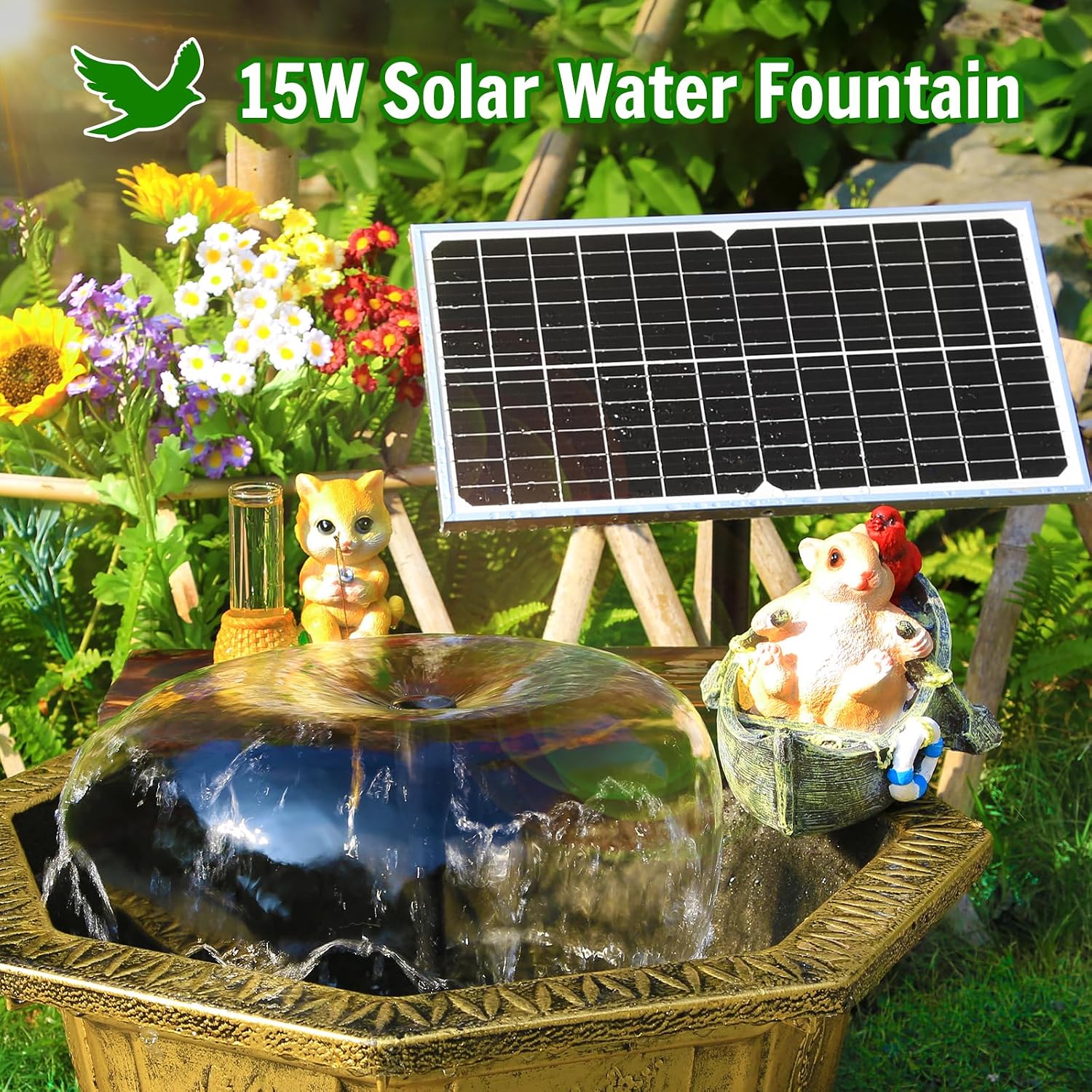 Thumbnail 1 de AMZtime 15W Solar Water Fountain Pump Kit with Glass Panels – 6 Spray Styles for Birdbaths, Pools and Gardens