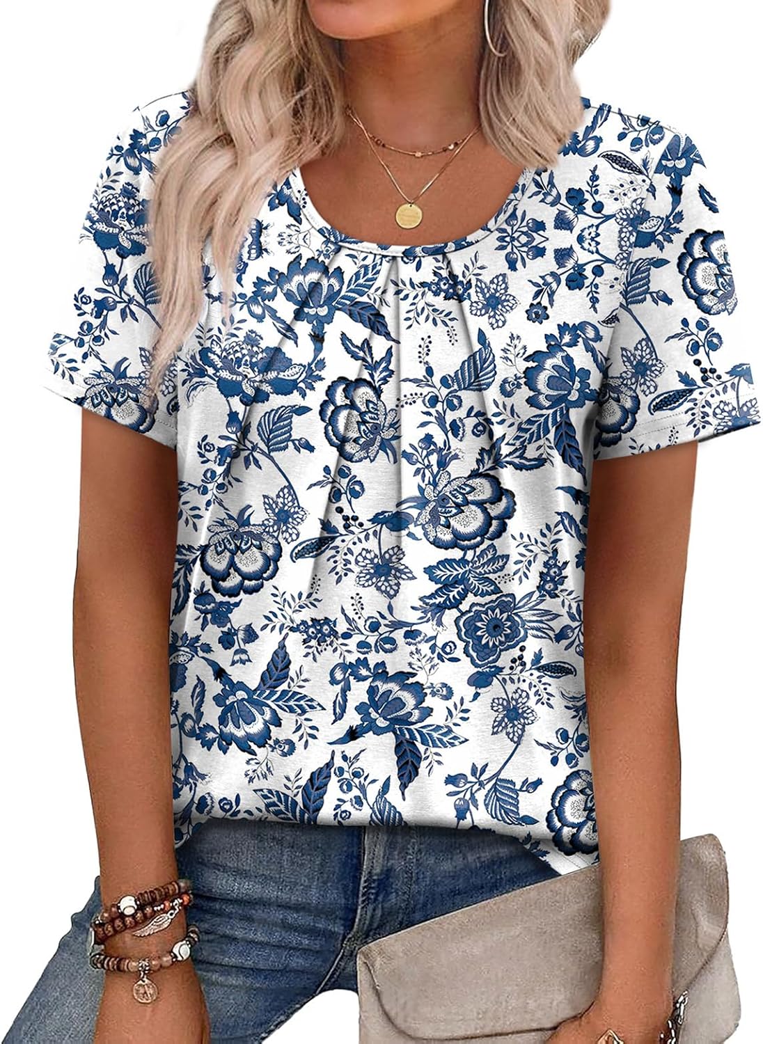 Detalle de WIHOLL Women’s Pleated Short Sleeve T-Shirt Top (Scoop Neck, Loose Fit)