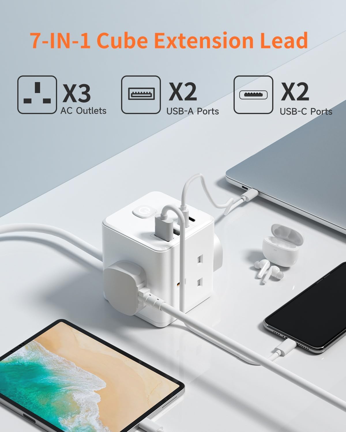 Thumbnail 1 de Extension Lead 5m with USB Slots – 3-Way Cube Power Extension with 4 USB (13A/3250W)