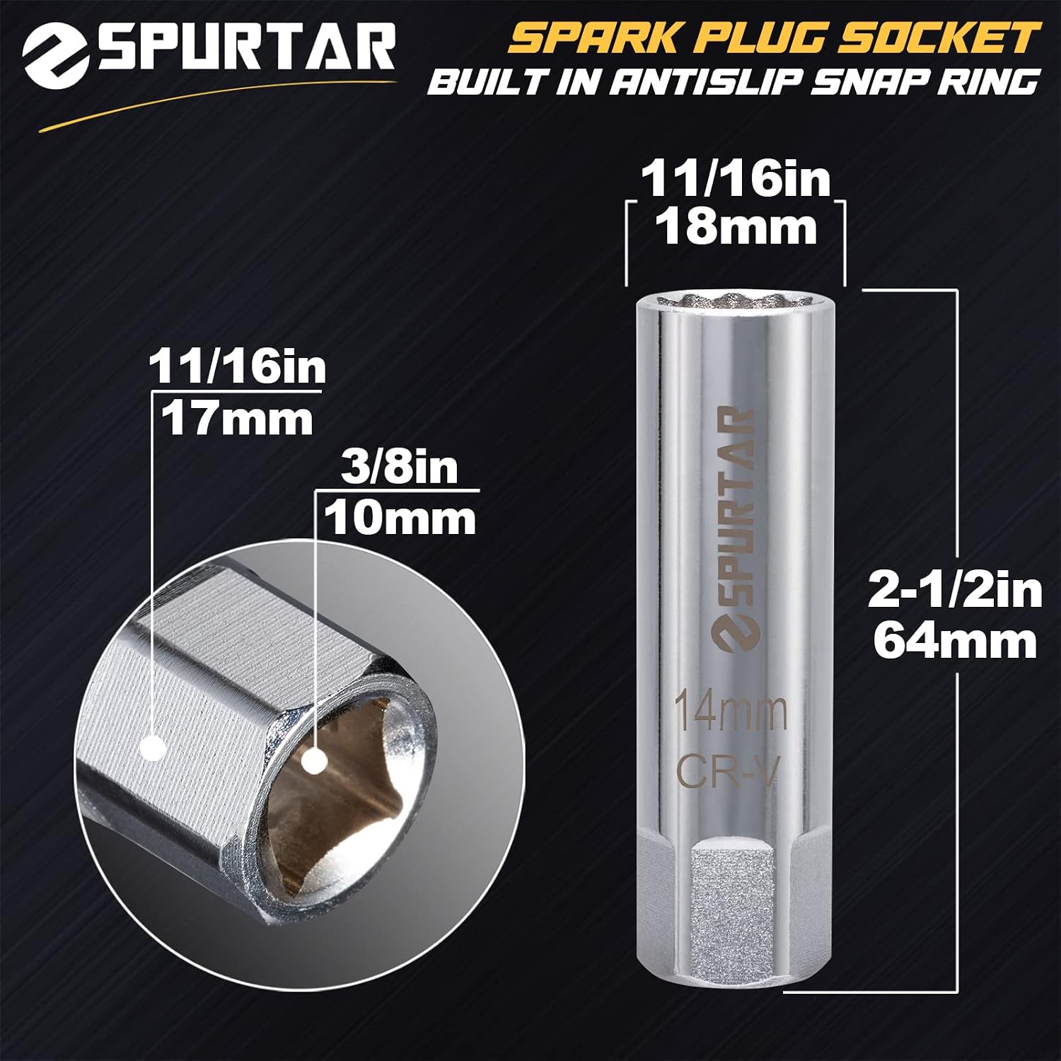 Detalle 1 de Spurtar 14 mm tändstiftsuttag med 12-kant, tunn vägg och fjäderhållare