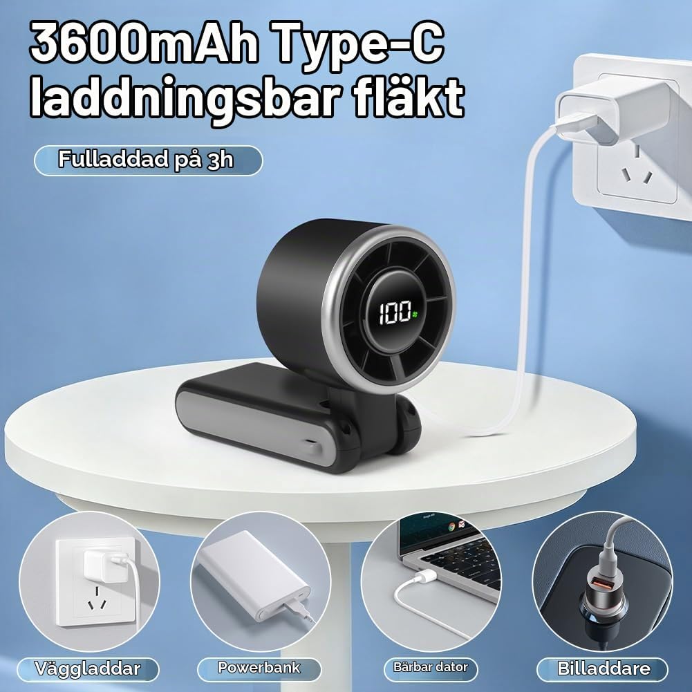 Detalle de AUAUY 5658732 portabel turbofläkt, 5 hastigheter och 3 600 mAh