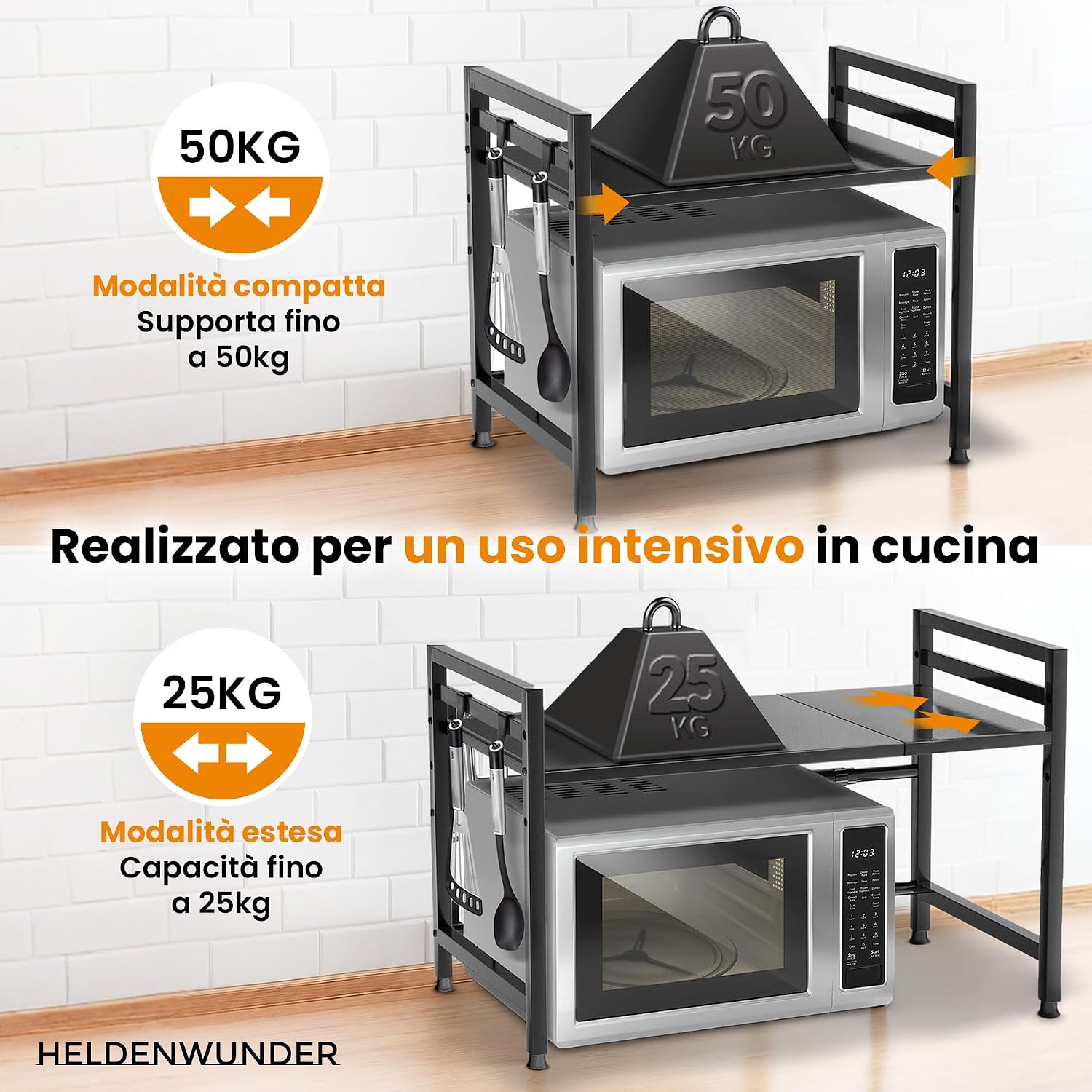 Thumbnail 4 de Heldenwunder Mensola MobileCucina Salvaspazio in Acciaio (2 Ripiani) per Microonde: Versatile e Regolabile