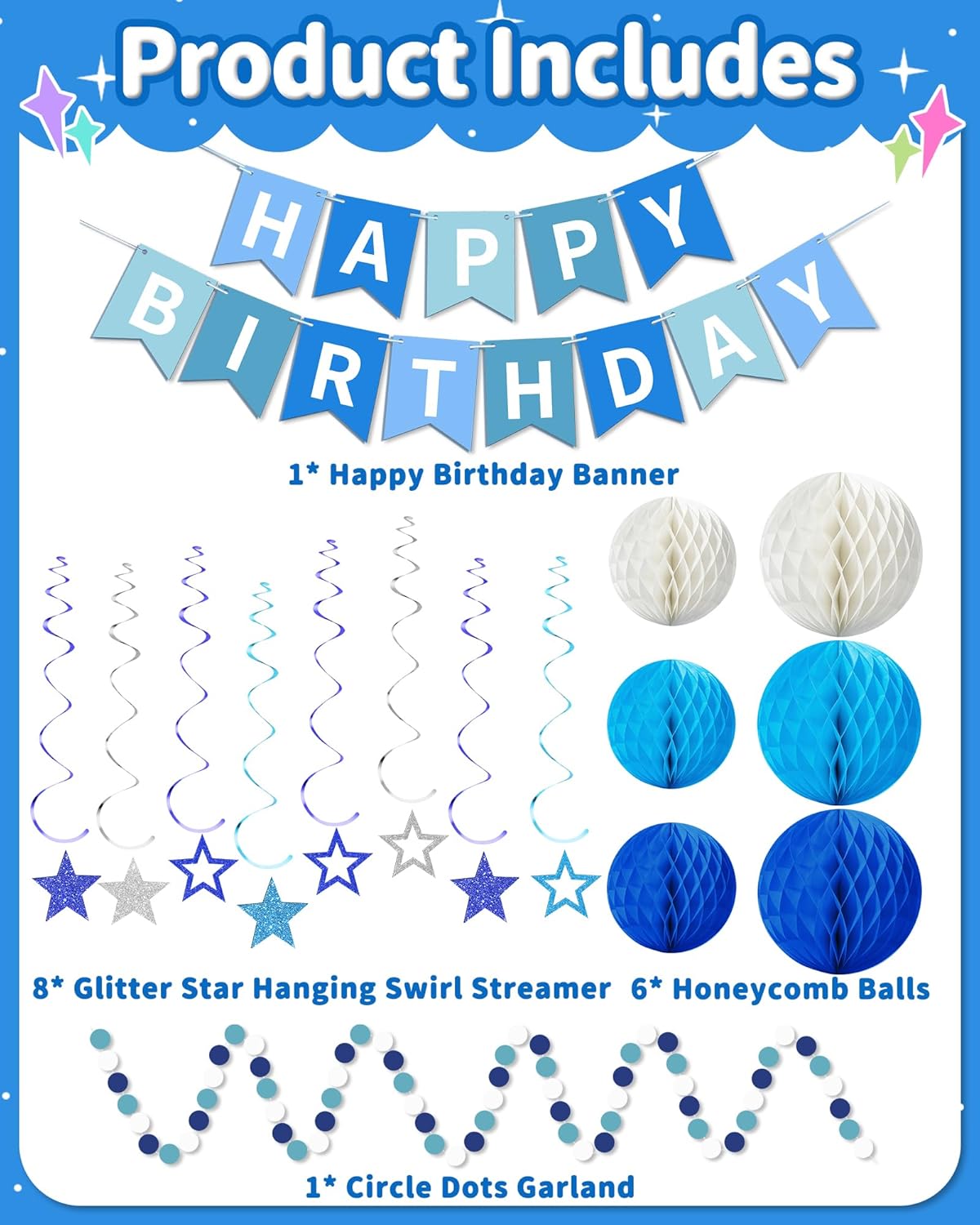 Detalle de Blue Happy Birthday Decorations: Banner Set with Honeycomb Balls, Star Swirl Streamers & Dots Garland