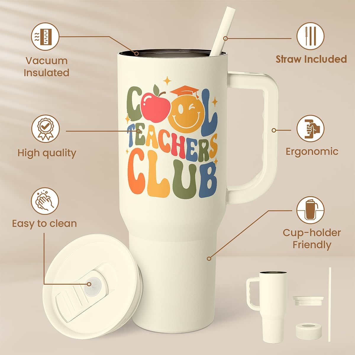 Detalle de Cool Teacher Club Tumbler 40oz Stainless Steel Insulated Coffee Travel Cup with Handle