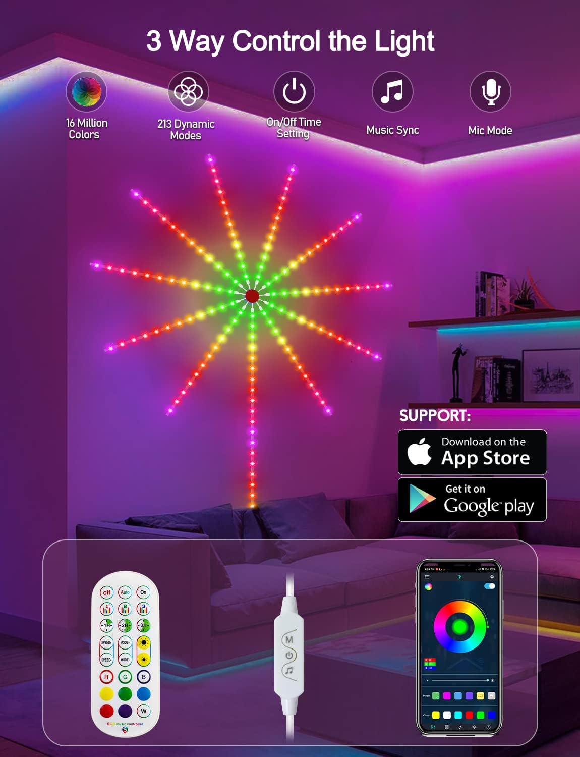 Thumbnail 2 de Daymeet Smart Firework LED Lights: RGBIC Dream Colour Strip for Bedrooms and Parties