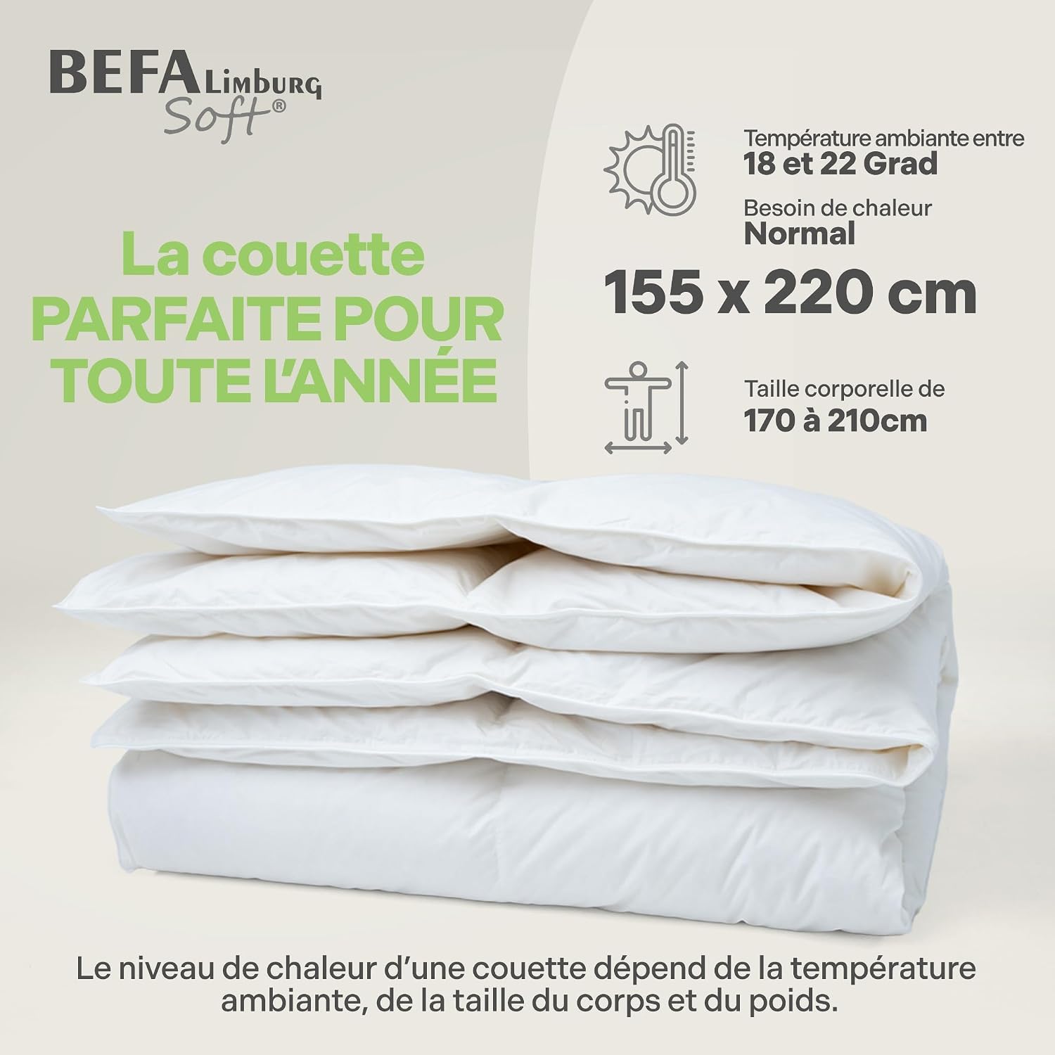 Thumbnail 1 de BEFA SOFT couette en plumes 90% + duvet 10% toute l’année 155x220 cm