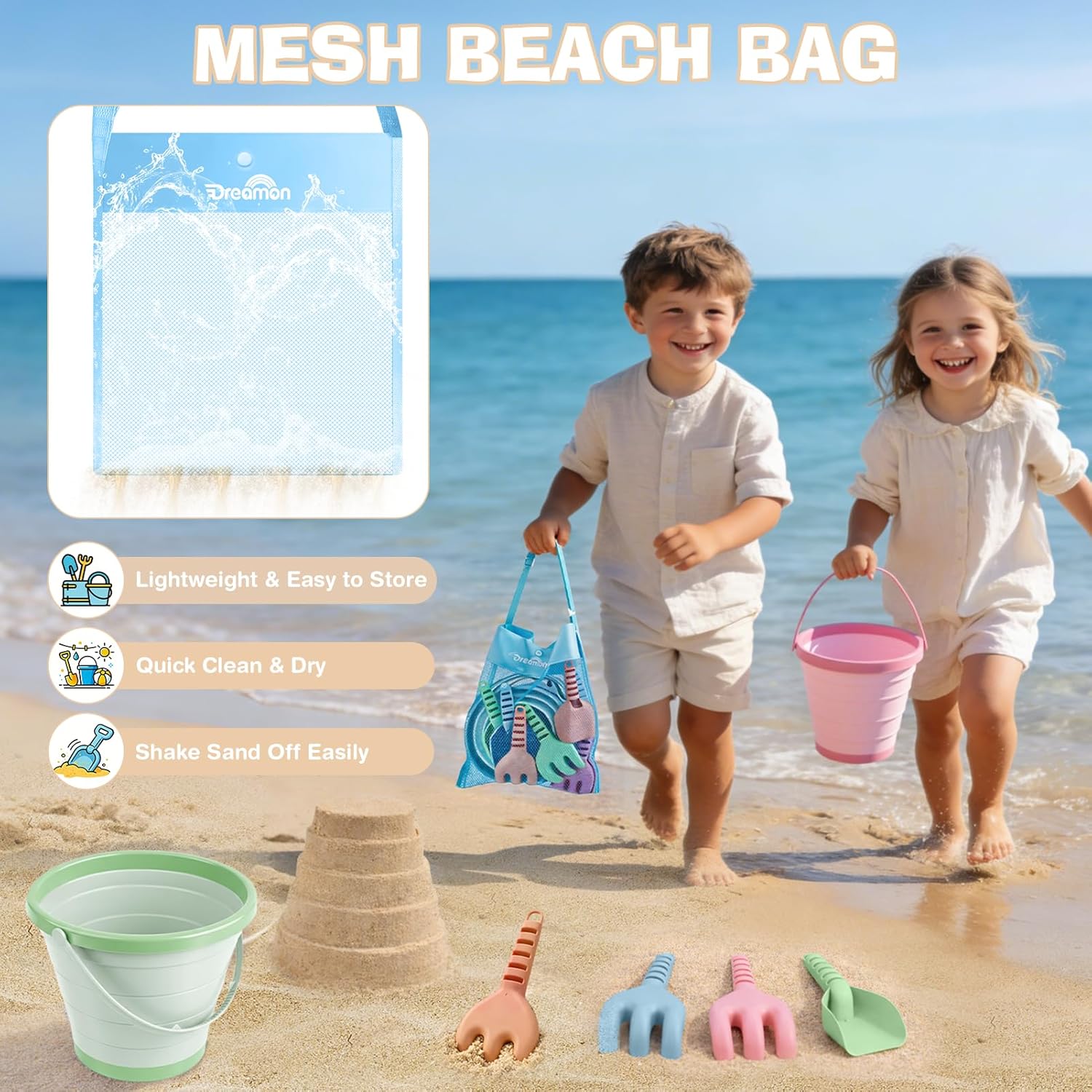 Thumbnail 5 de Dreamon Beach Toys – 13PCS Bucket and Spade Set for Kids with 4 Collapsible Buckets, 8 Spades and Mesh Bag
