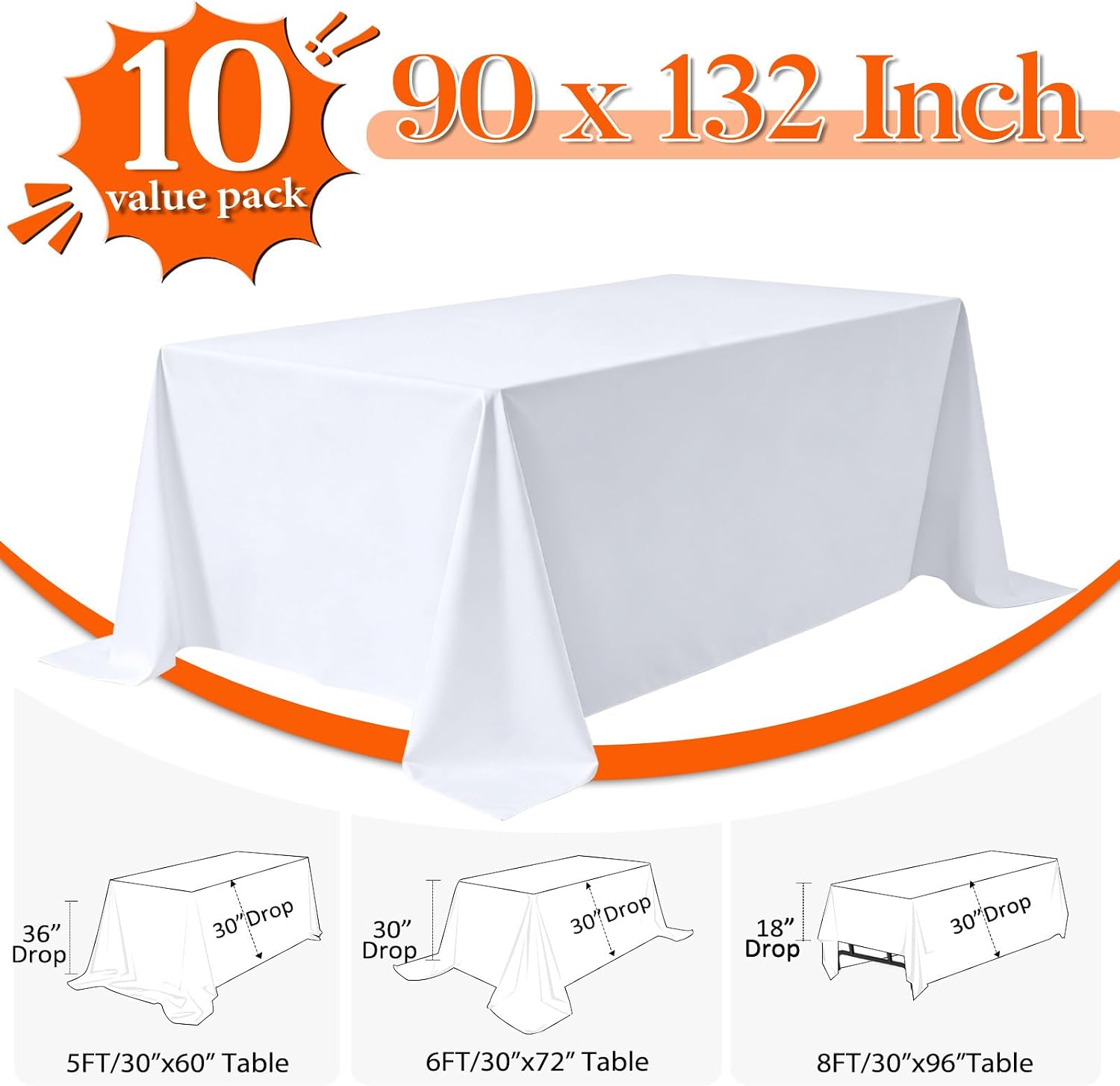 Detalle de Dexbriz 10 Pack White Rectangle Table Cloths 90 x 132 Inches for 6 Foot Tables