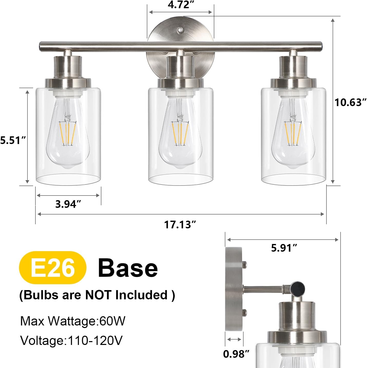 Detalle 2 de Unicozin RJ-WR03 3-Light Vanity Light, Brushed Nickel, Clear Glass, E26