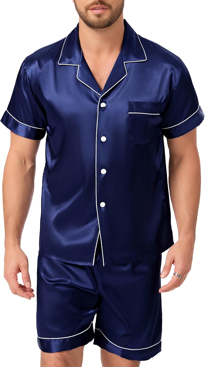 Thumbnail 3 de Lovasy Mens Pyjamas Set 2 Piece Silk Satin PJS — Short Sleeve Button-Down