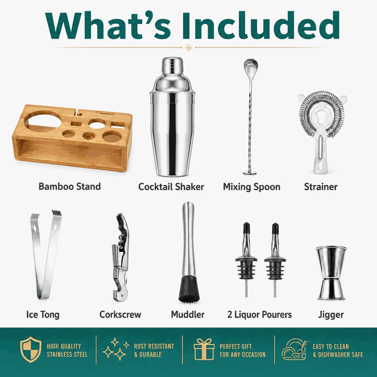 Detalle 2 de Cocktail Shaker Set (18/8 Food-Grade Stainless Steel) 10-Piece Martini Shaker Kit with Bamboo Stand