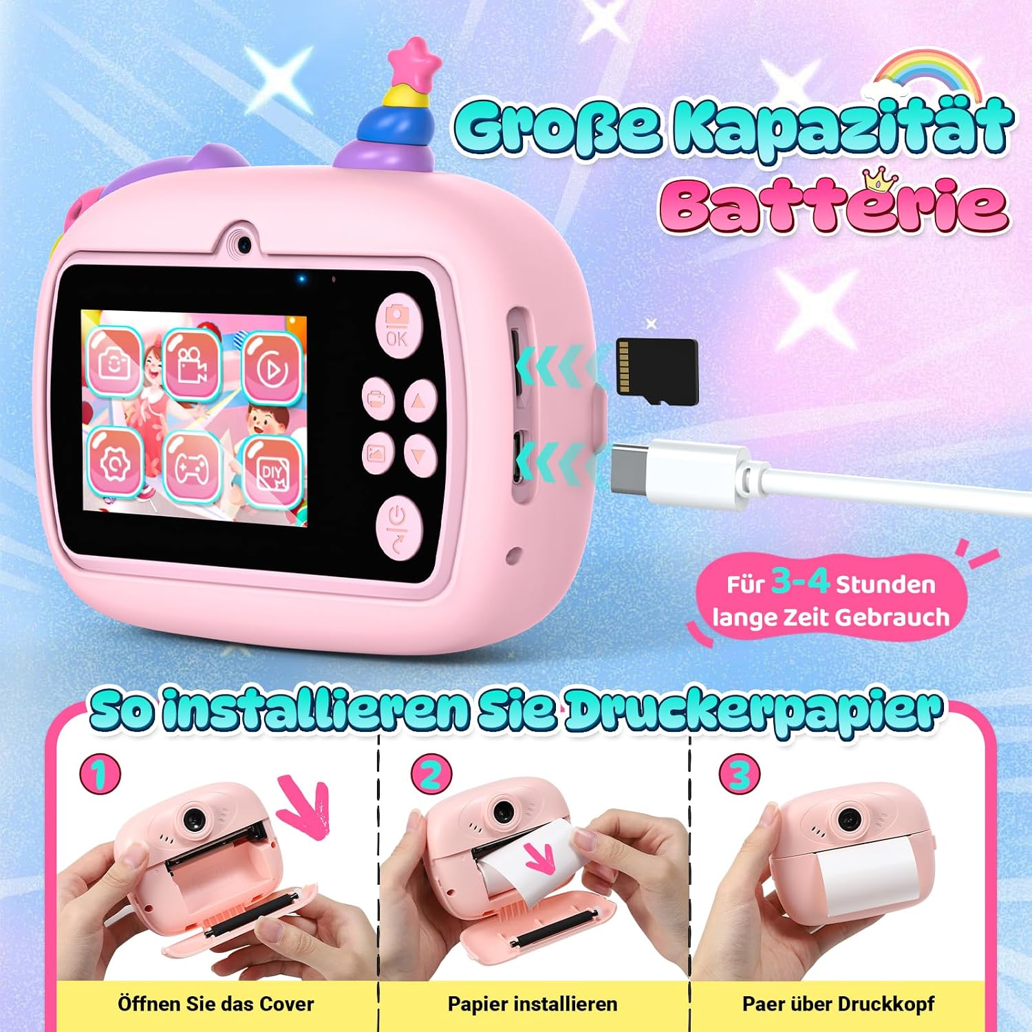 Detalle de Wootoyz Sofortbildkamera Einhorn – Kinderkamera mit Sofortdruck, 32 GB Karte, rosa