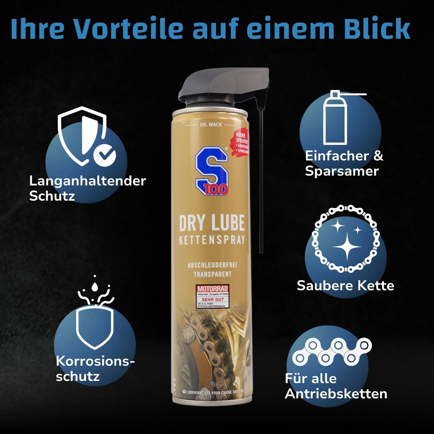 Detalle de DR. WACK S100 Dry Lube Kettenspray für Motorrad – Trocken Kettenschmierstoff (400 ml)