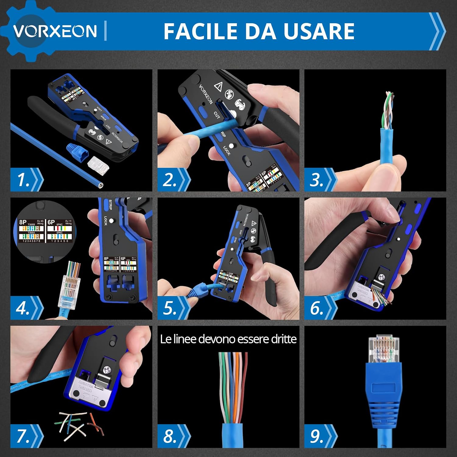Thumbnail 5 de Pinza Crimpatrice RJ45 VORXEON per Cavi Ethernet Cat6 Cat5e: Kit completo 8P+6P, 50 Connettori RJ45 Cat6 e Accessori