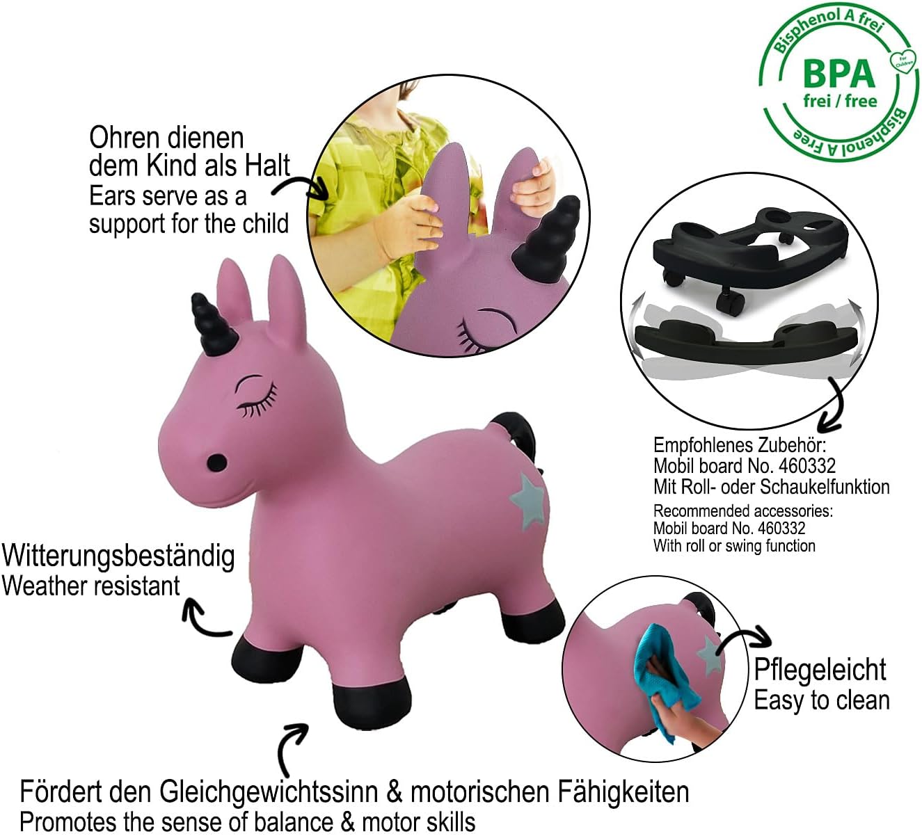 Detalle 2 de JAMARA 460453 Hüpftier Einhorn HoppyDoo – hüpfender Spielspaß mit Pumpe für Kinder ab 12 Monaten