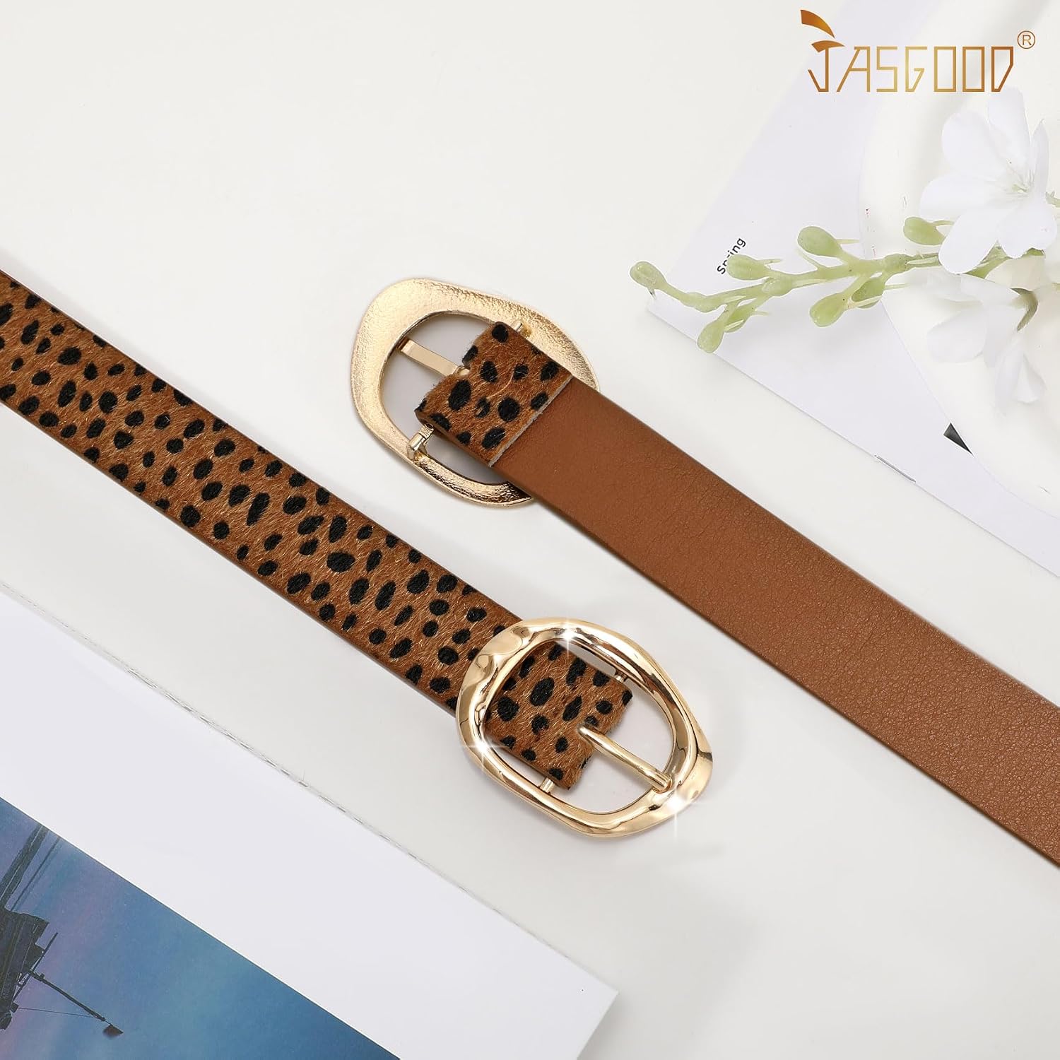 Detalle de JASGOOD Women's Faux Leather Belt with Gold-Tone Buckle, 10 Adjustment Holes