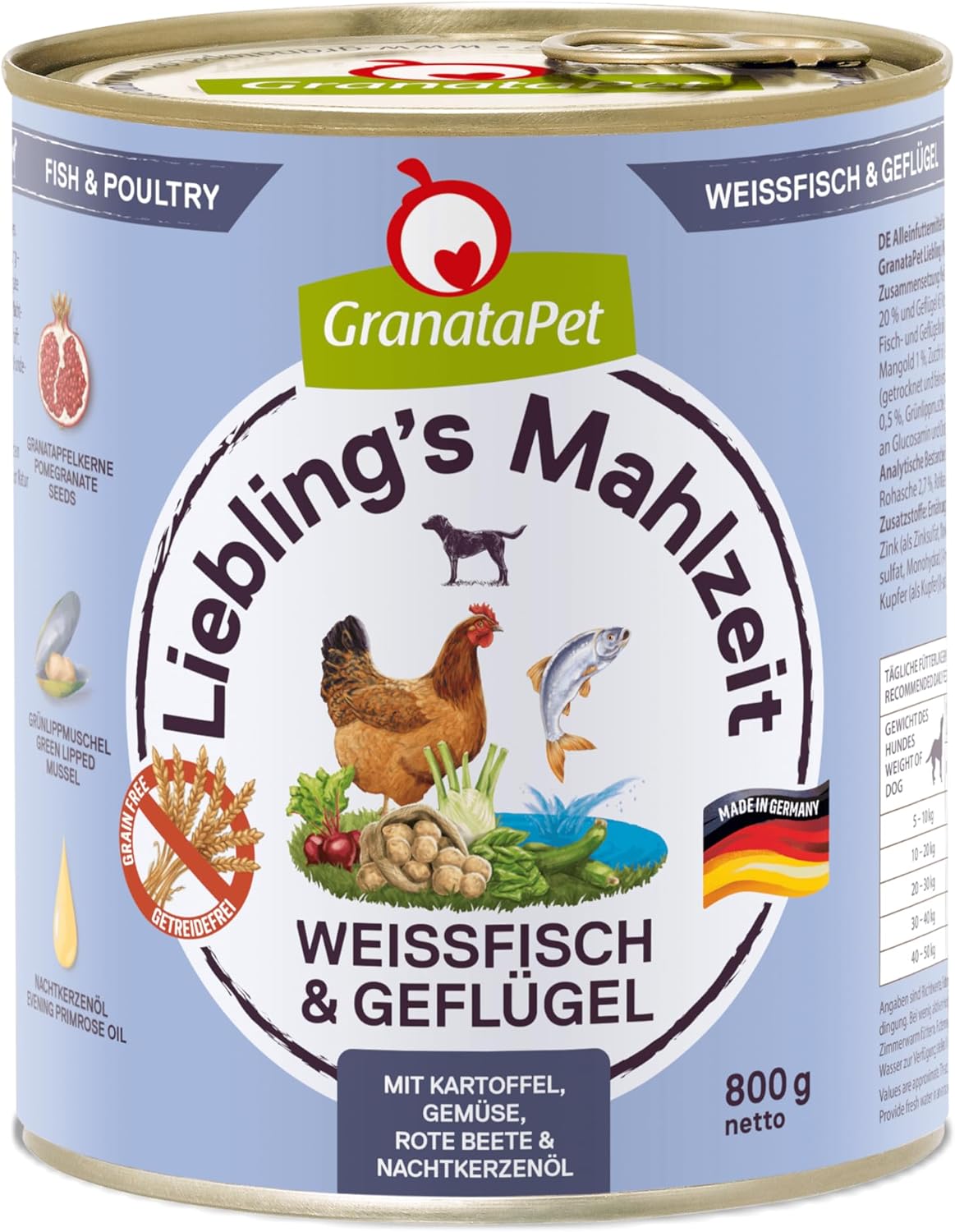 Detalle de GranataPet Liebling's Mahlzeit Weißfisch & Geflügel – Nassfutter für Hunde, getreidefrei, 6 x 800 g