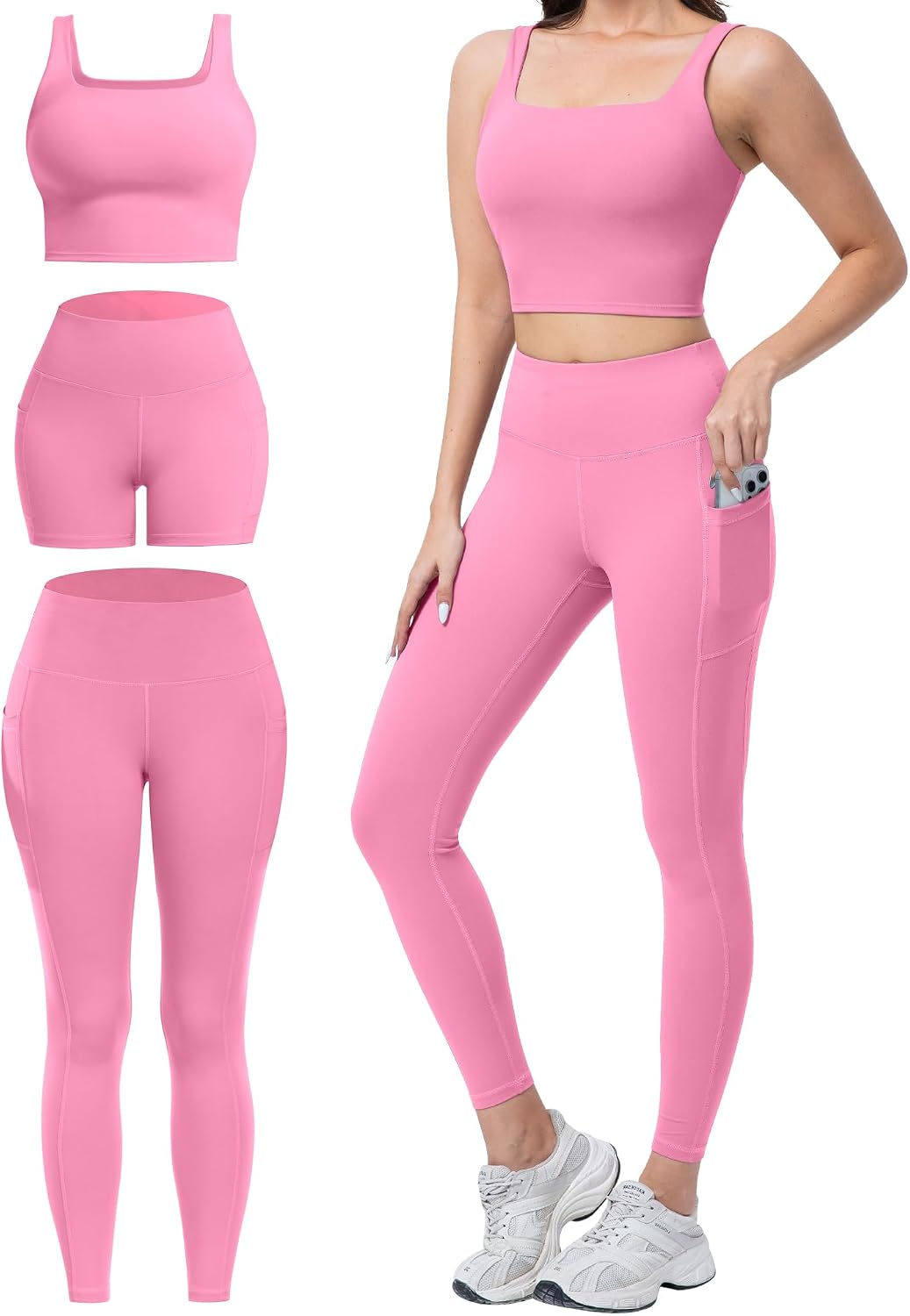 Detalle de SALSPOR 3-Piece Workout Set for Women: High-Waisted Leggings with Pockets, Tummy Control Shorts, and Backless Sports Bra