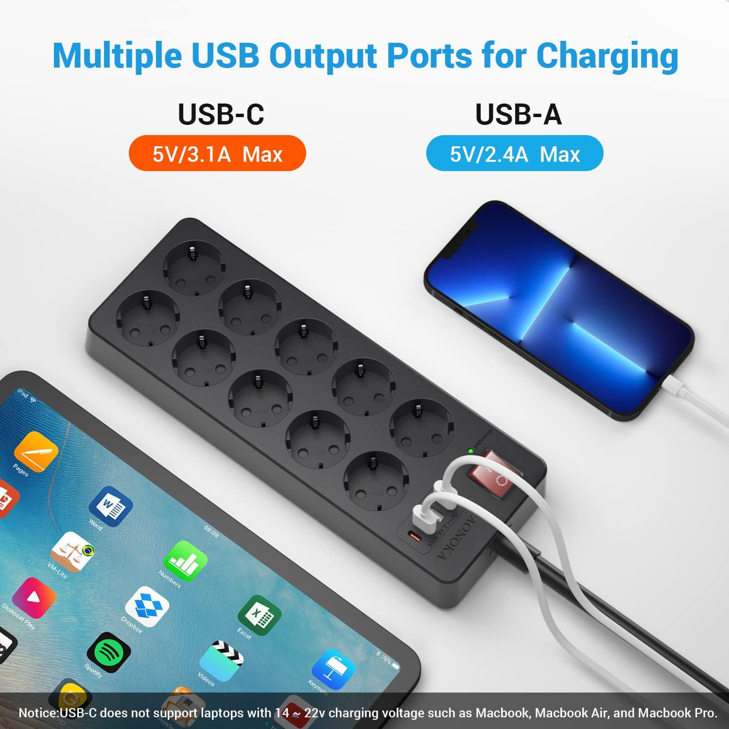 Detalle de oorkyzz Ciabatta multipresa con protezione da sovratensione (fino a 1700 Joule), 10 prese e 4 USB-C, 1,5 m, nero