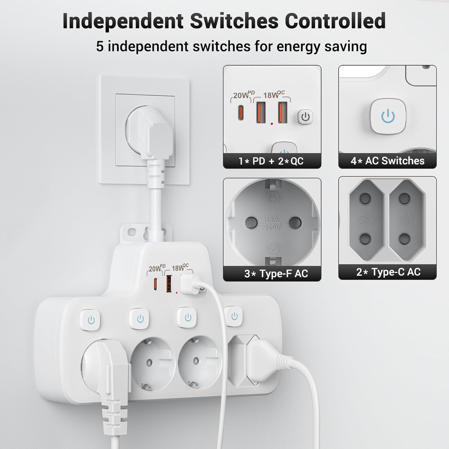 Detalle 2 de Multiprise PD20W 5 prises avec USB