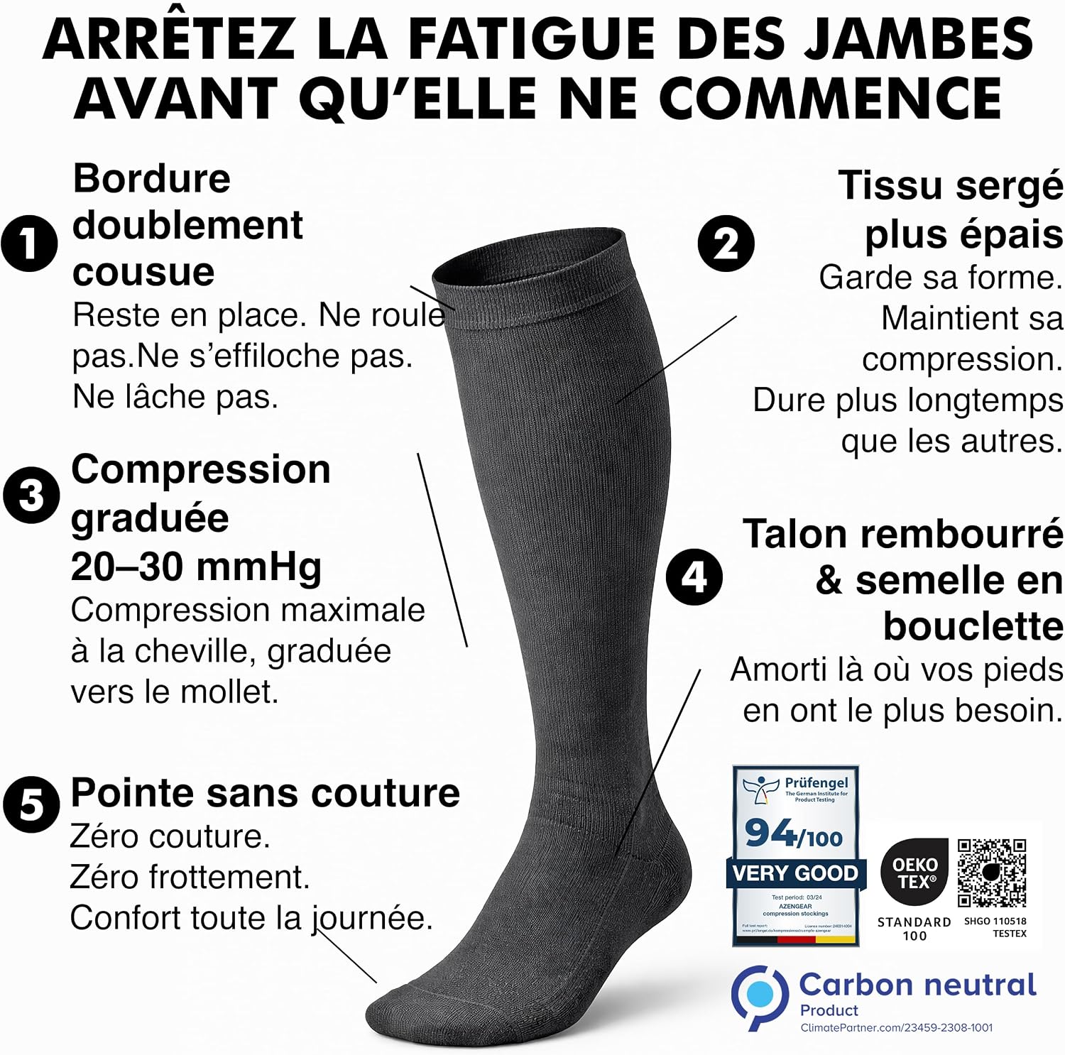 Detalle 2 de aZengear Chaussettes de Compression Classe 2 (20-30 mmHg) – Bas de Contention Mollet pour Sport, Voyage et Santé des Jambes