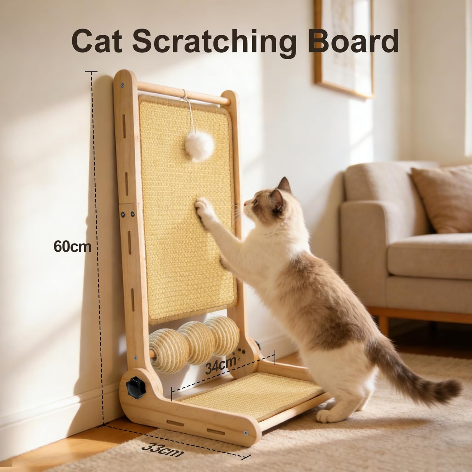 Detalle 2 de DONWEI L-Shaped Sisal Cat Scratcher, 60cm Large – Natural Beech Wood with Multi-Angle Sisal Pad