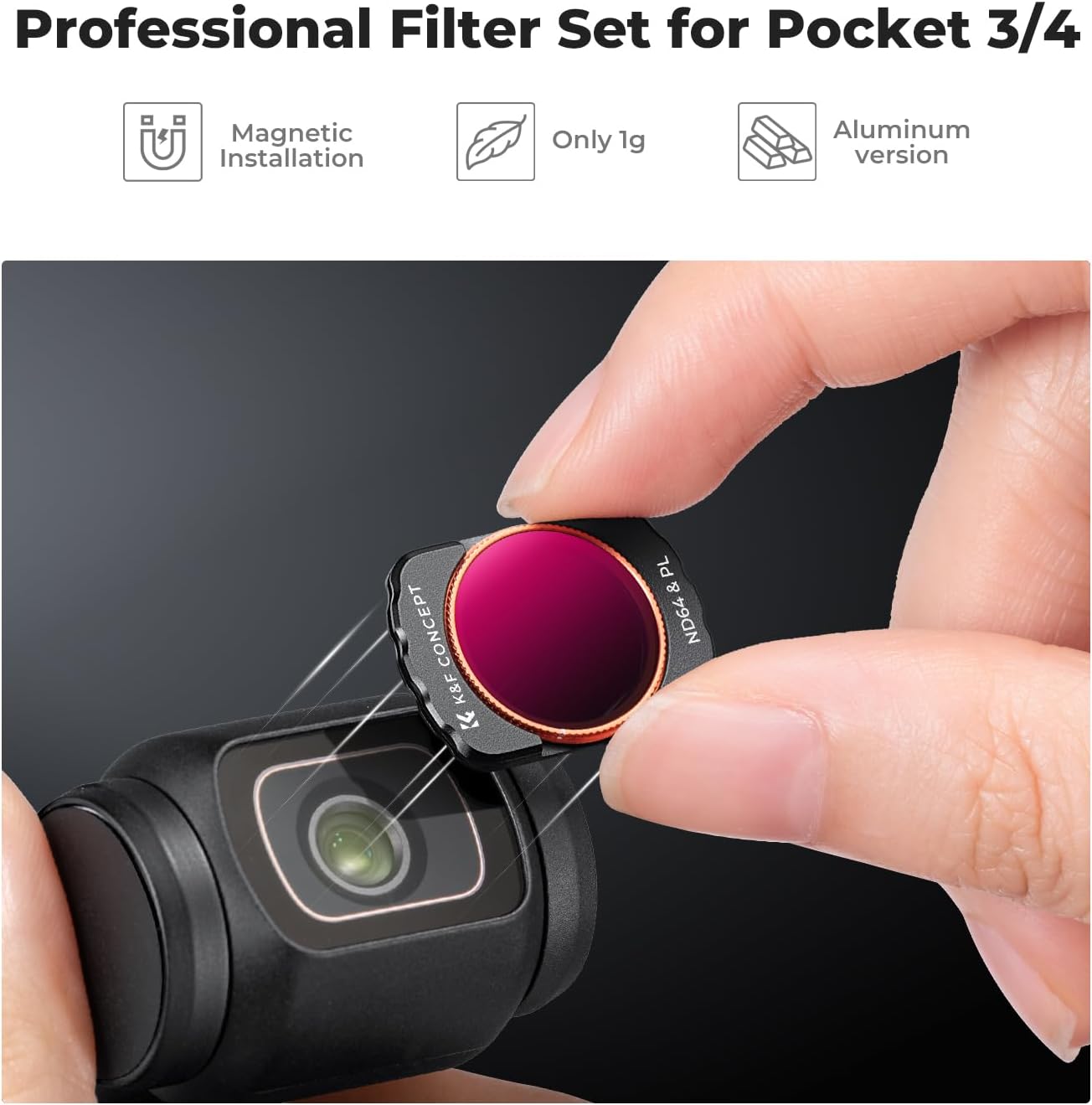 Detalle de K&F CONCEPT 6-pack Magnetic Filters for Pocket 4/3 – UV, CPL, ND16/PL, ND32/PL, ND64/PL, ND256/PL with Screen Protector