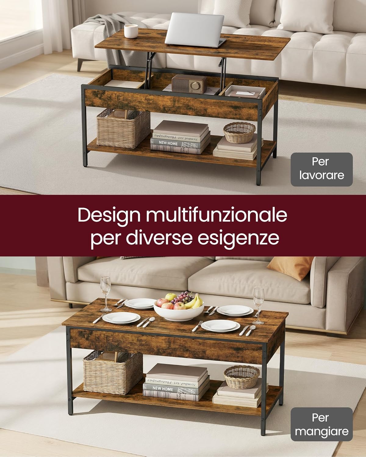 Thumbnail 3 de VASAGLE Tavolino con piano sollevabile LCT261KD02, stile industriale vintage (50 x 100 cm)