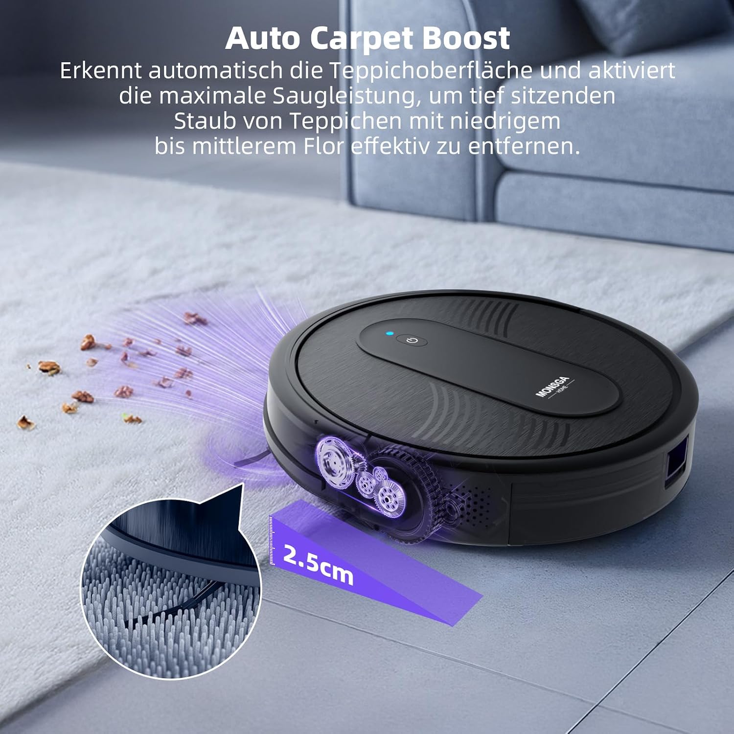Detalle de MONSGA Saugroboter mit Wischfunktion 4000PA – 3-in-1, App-Steuerung, 140 Min Laufzeit