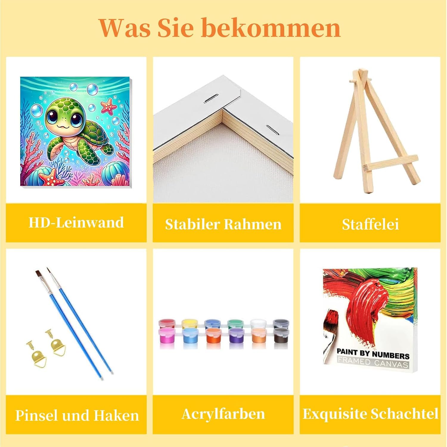 Detalle 2 de Malen nach Zahlen Kinder mit Rahmen und Holzstaffelei – Meeresschildkröte, 20x20 cm