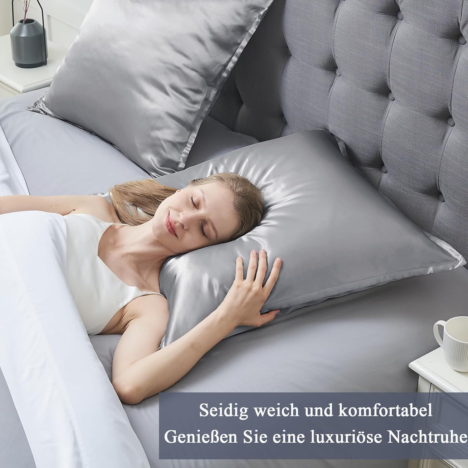 Detalle de Vielit Taie Oreiller Satin 65x65 – Lot de 2, gris, Certifiée OEKO-TEX