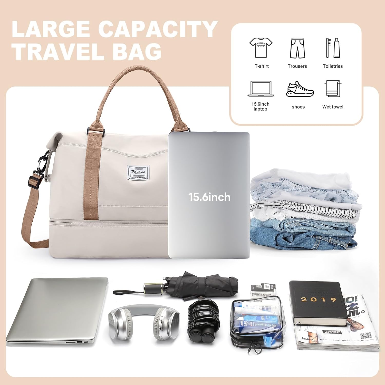 Detalle 2 de HPLQQ Weekender Reisetasche für Damen (45 x 36 x 20 cm) mit Schuhfach und Nassfach – Easyjet Handgepäck Kliniktasche Travel Duffle Bag
